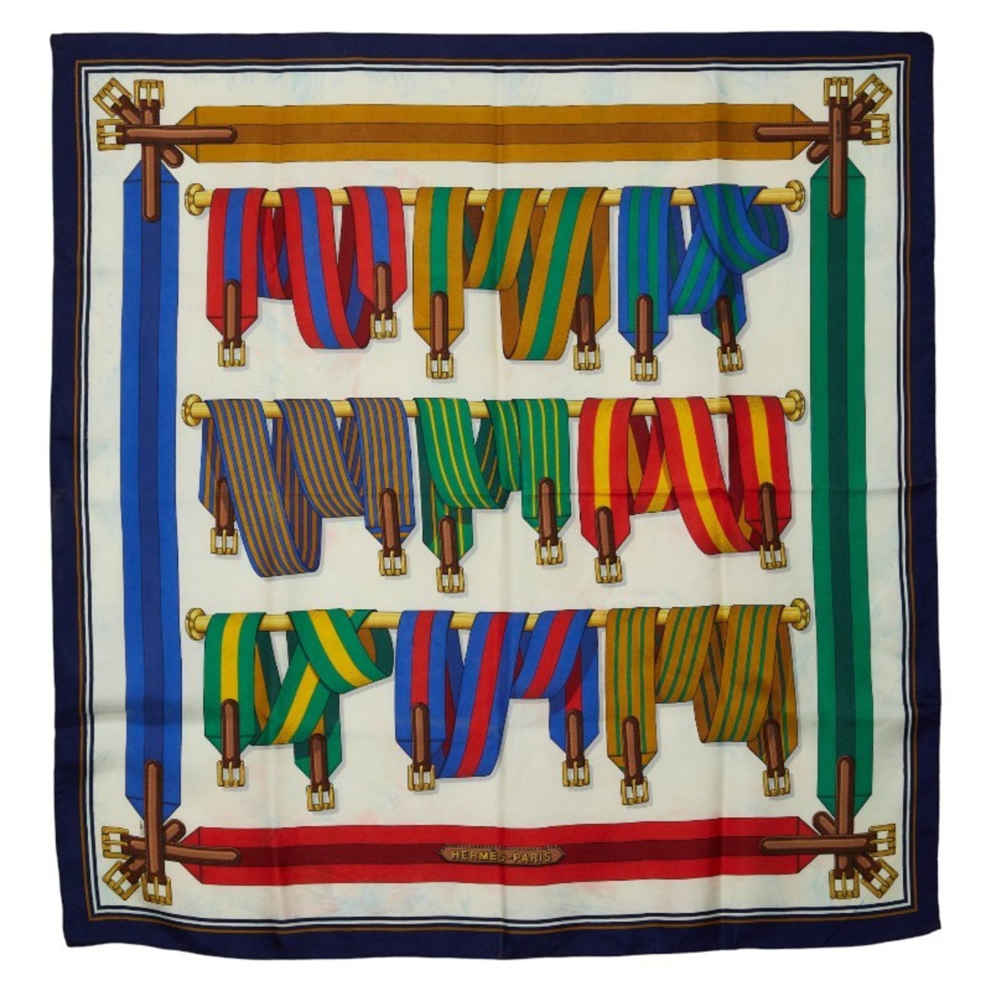 HermÃ¨s CarrÃ© 90 J.METZ Les Sangles Suspender Belt Scarf Muffler Multicolor Silk Women’s HERMES