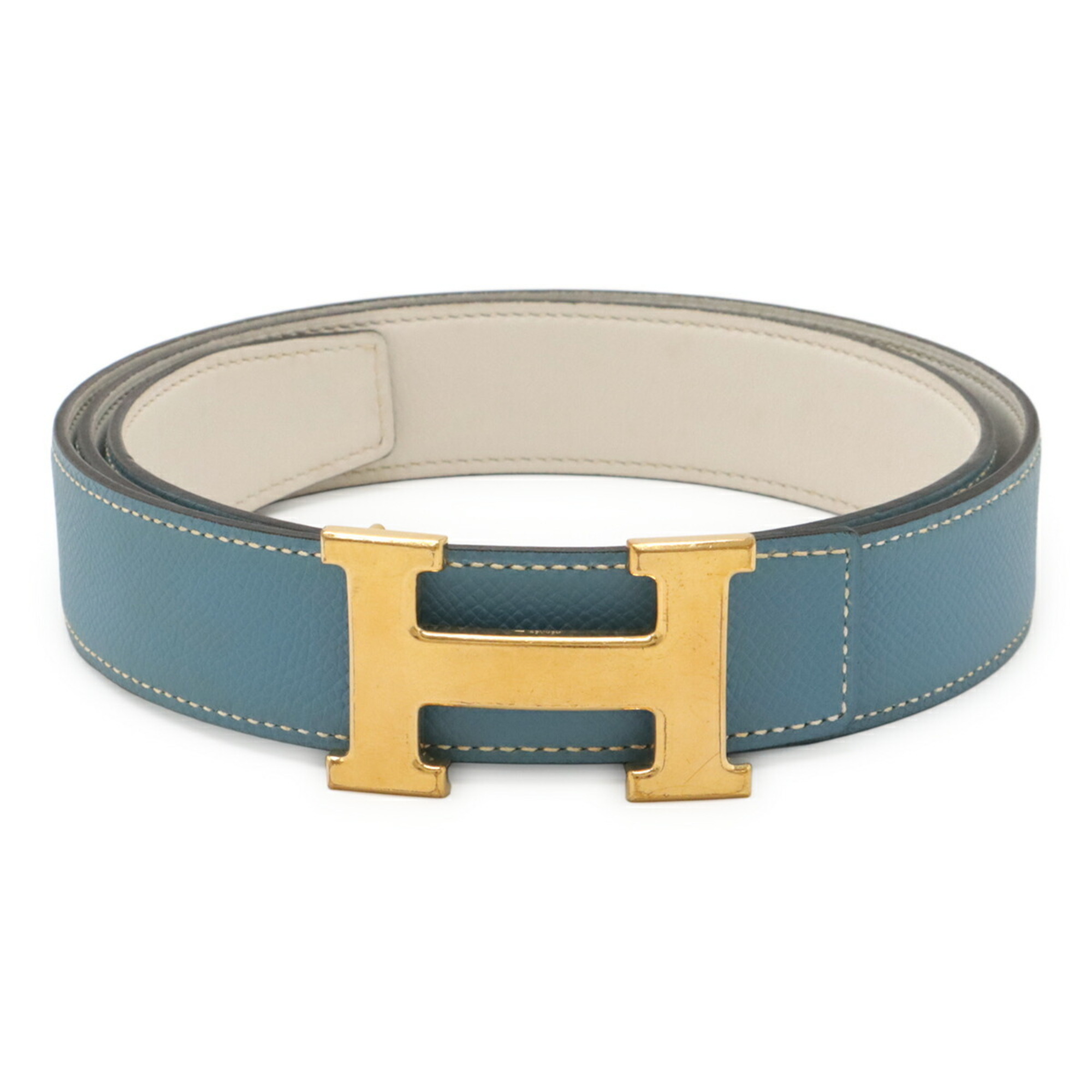 HERMES H-belt with H-buckle, reversible Togo leather, blue jean, light blue, and white, #100, stamped “O”.