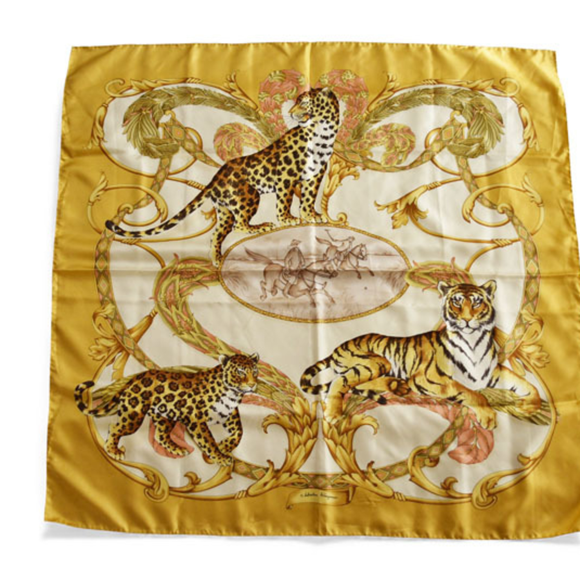 Salvatore Ferragamo scarf/muffler in yellow with animal motifs and leopard print.