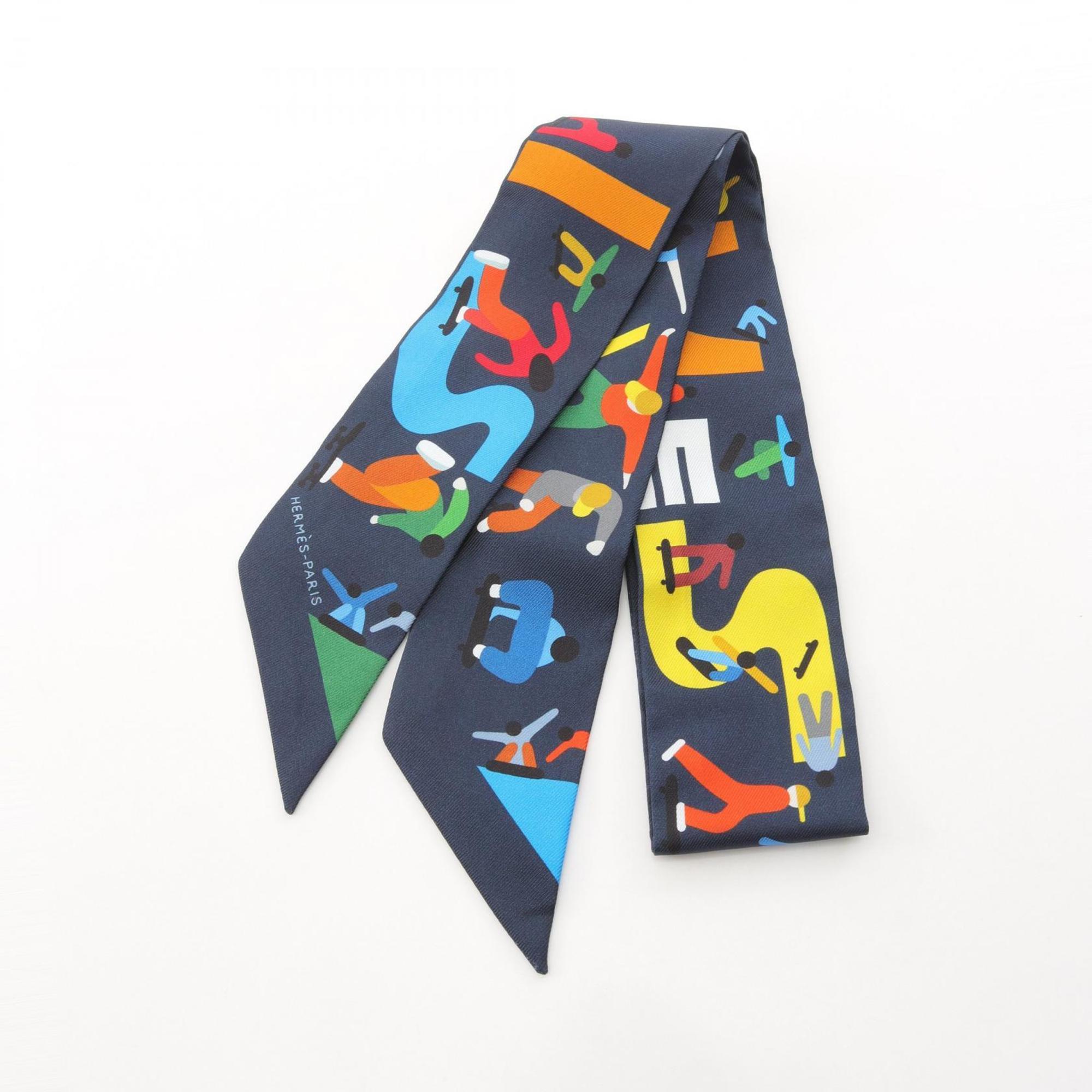 Hermes HermÃ¨s Twilly Figures Libres Silk Scarf for Women, Navy/Multicolor