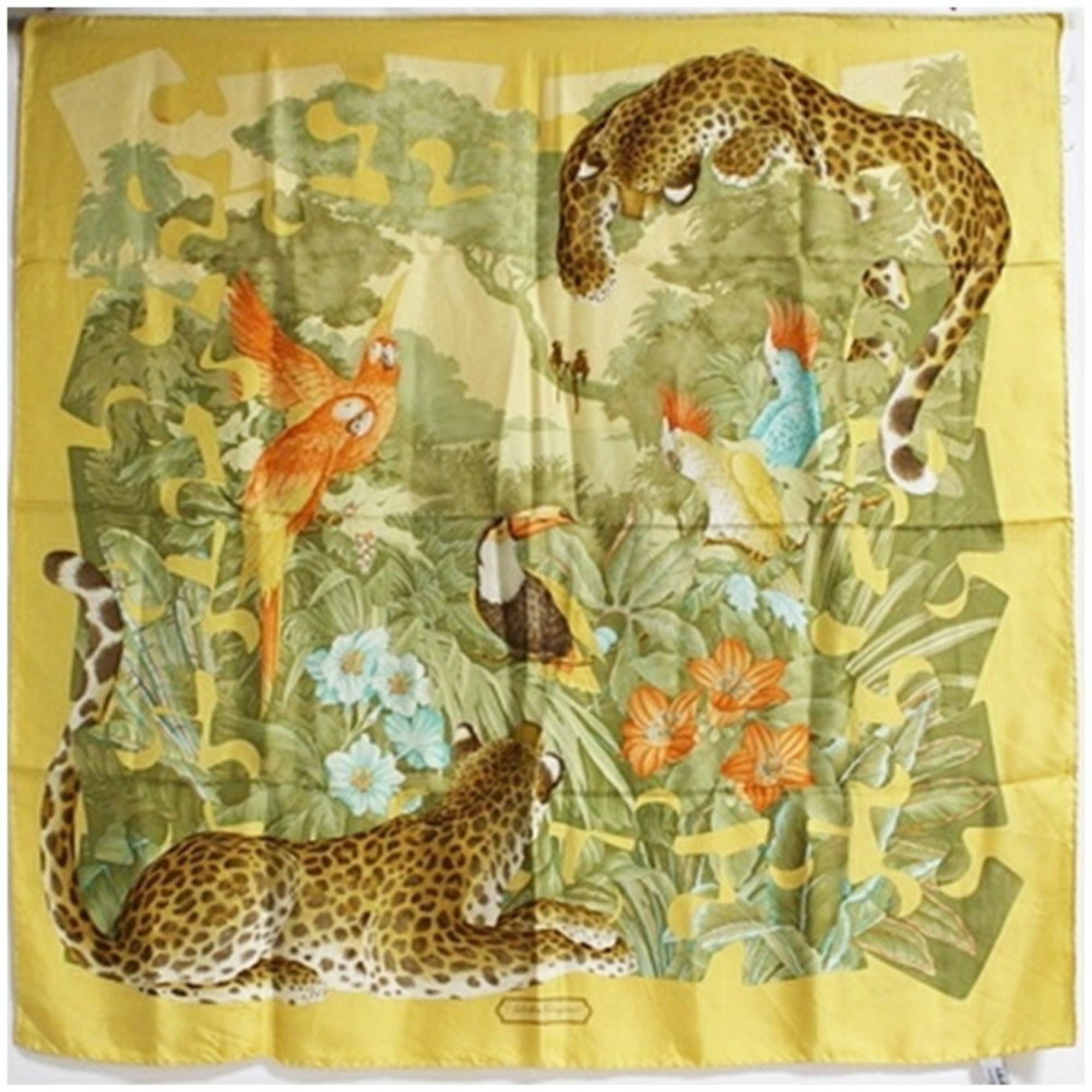 Salvatore Ferragamo Silk Scarf/Muffler in Yellow and Moss Green with Animal Print for Women