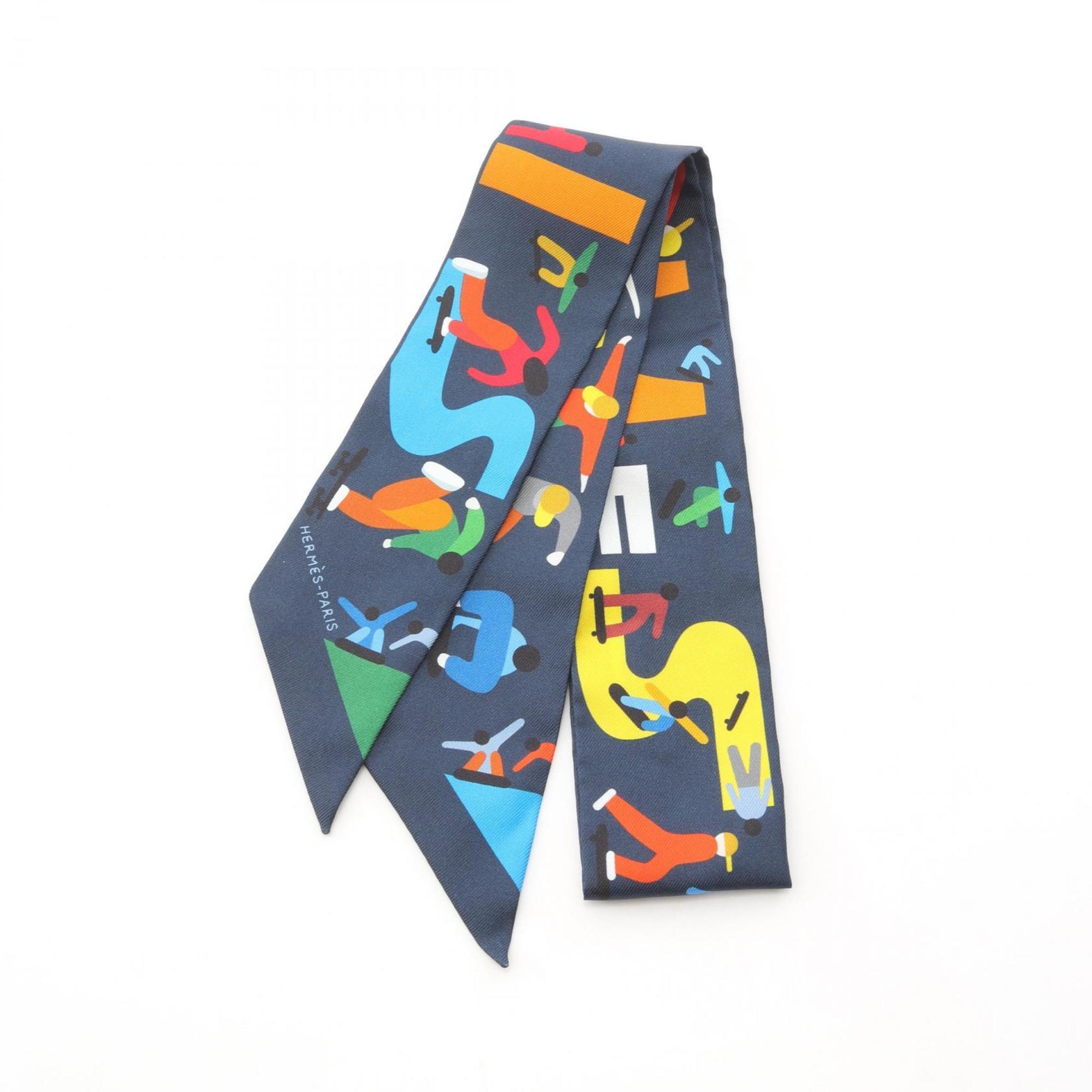 Hermes HermÃ¨s Twilly Figures Libres Silk Scarf for Women, Navy/Multicolor