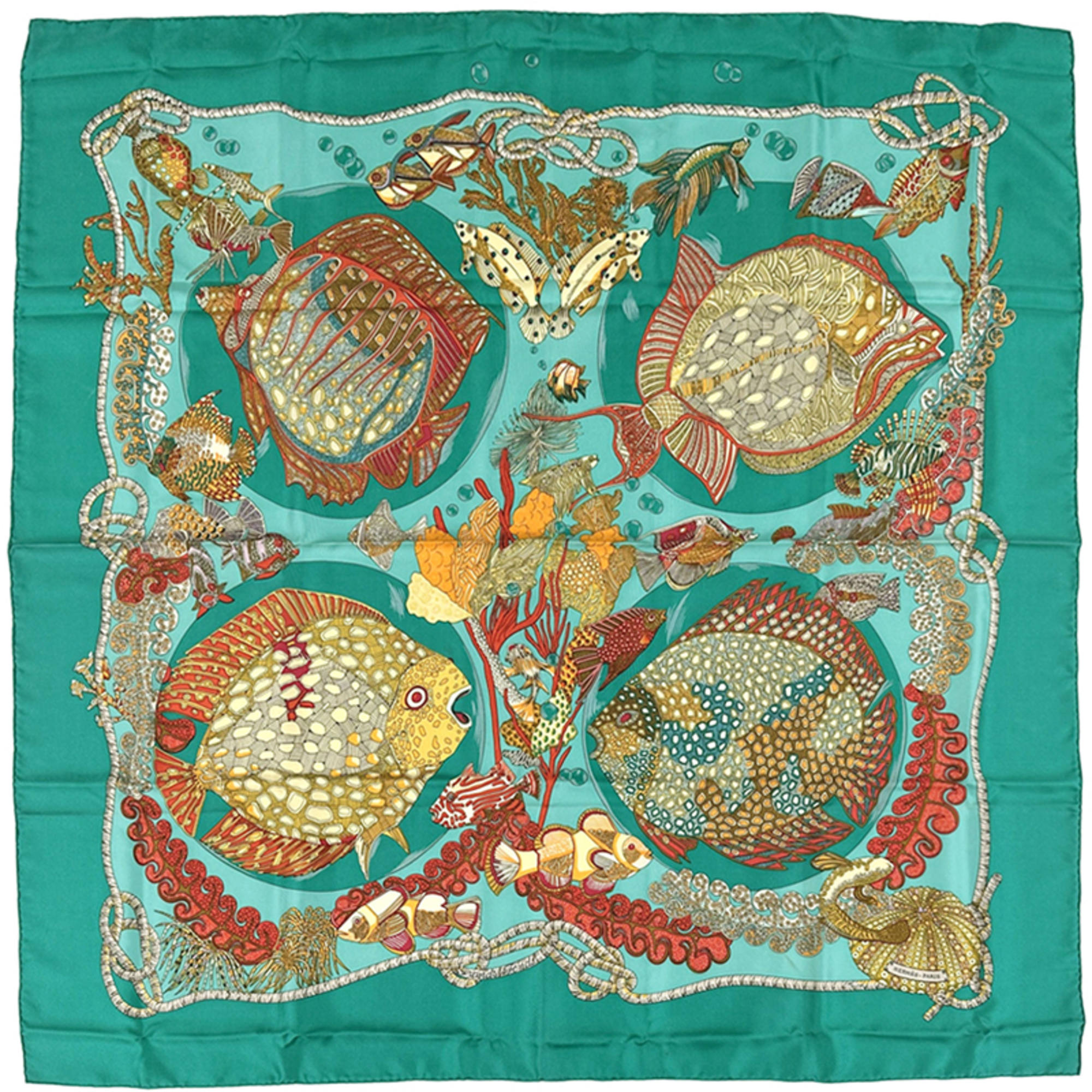 Hermes HermÃ¨s CarrÃ© 90 Grands Fonds Deep Sea Scarf, Women’s Silk, Green, Multicolor, Large, Fish, Ocean