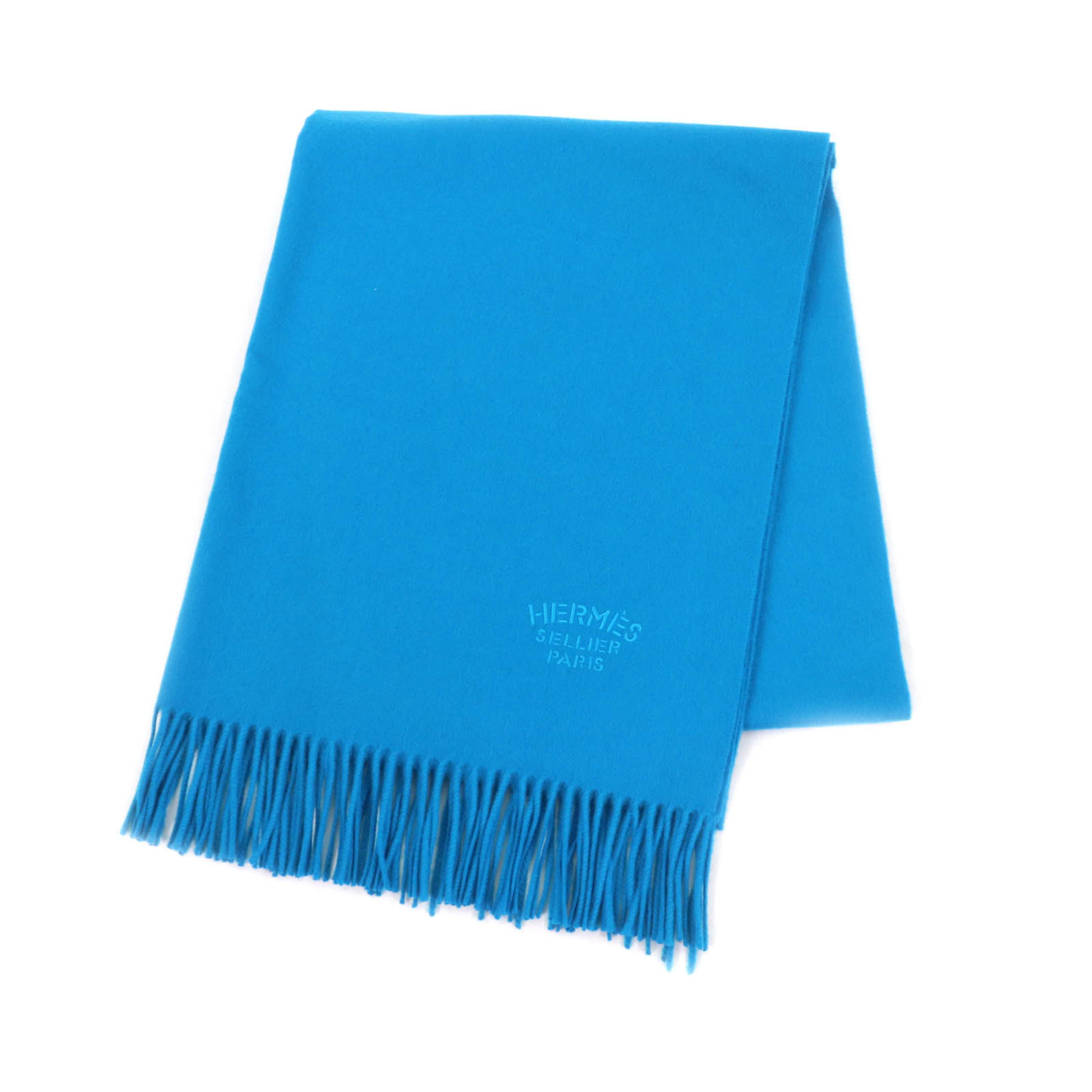 HERMES 100% Cashmere Large Stole/Shawl/Scarf with Embroidered Logo and Fringe, Blue, Made in England, Women’s