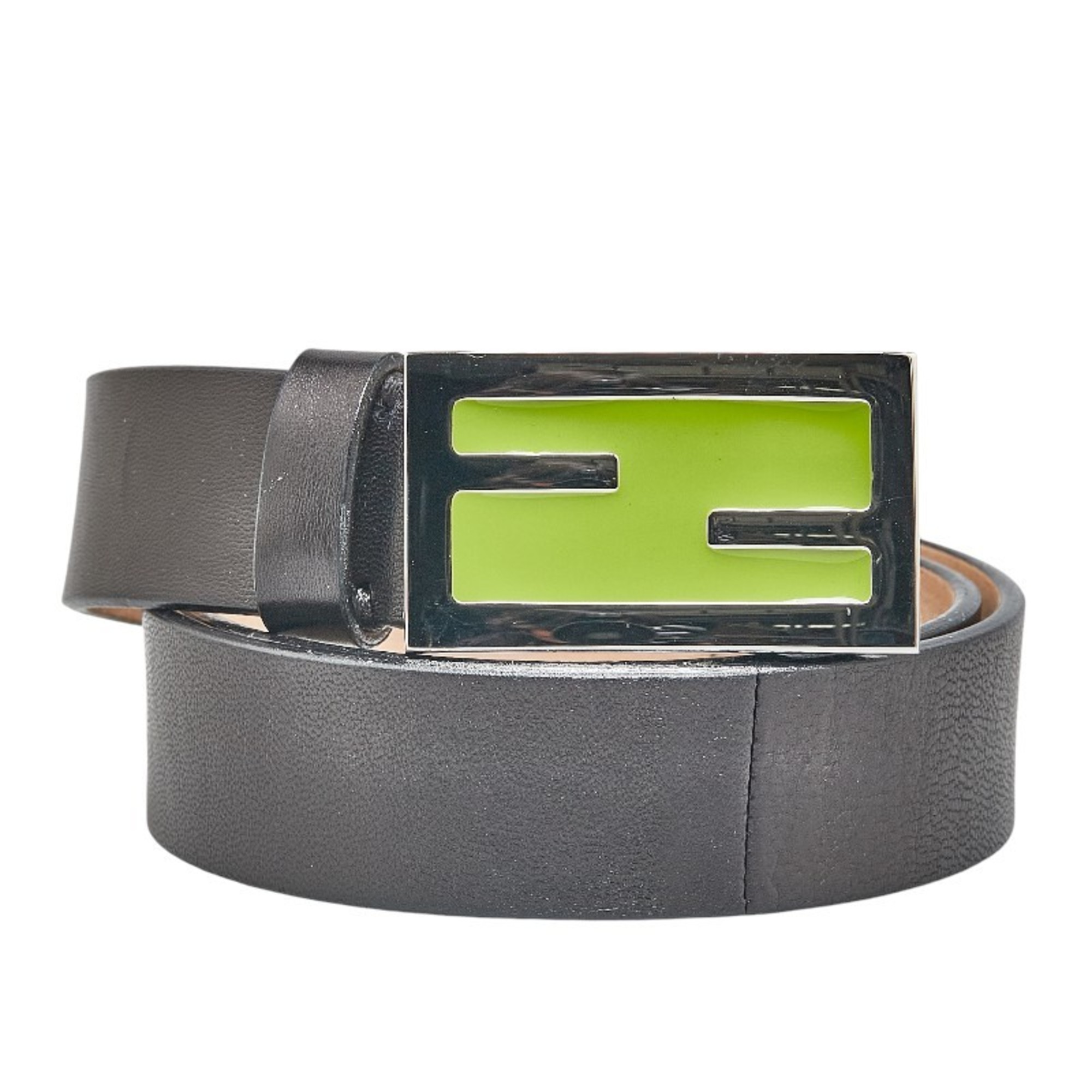 FENDI Belt 38 Black Silver Green Leather Men’s