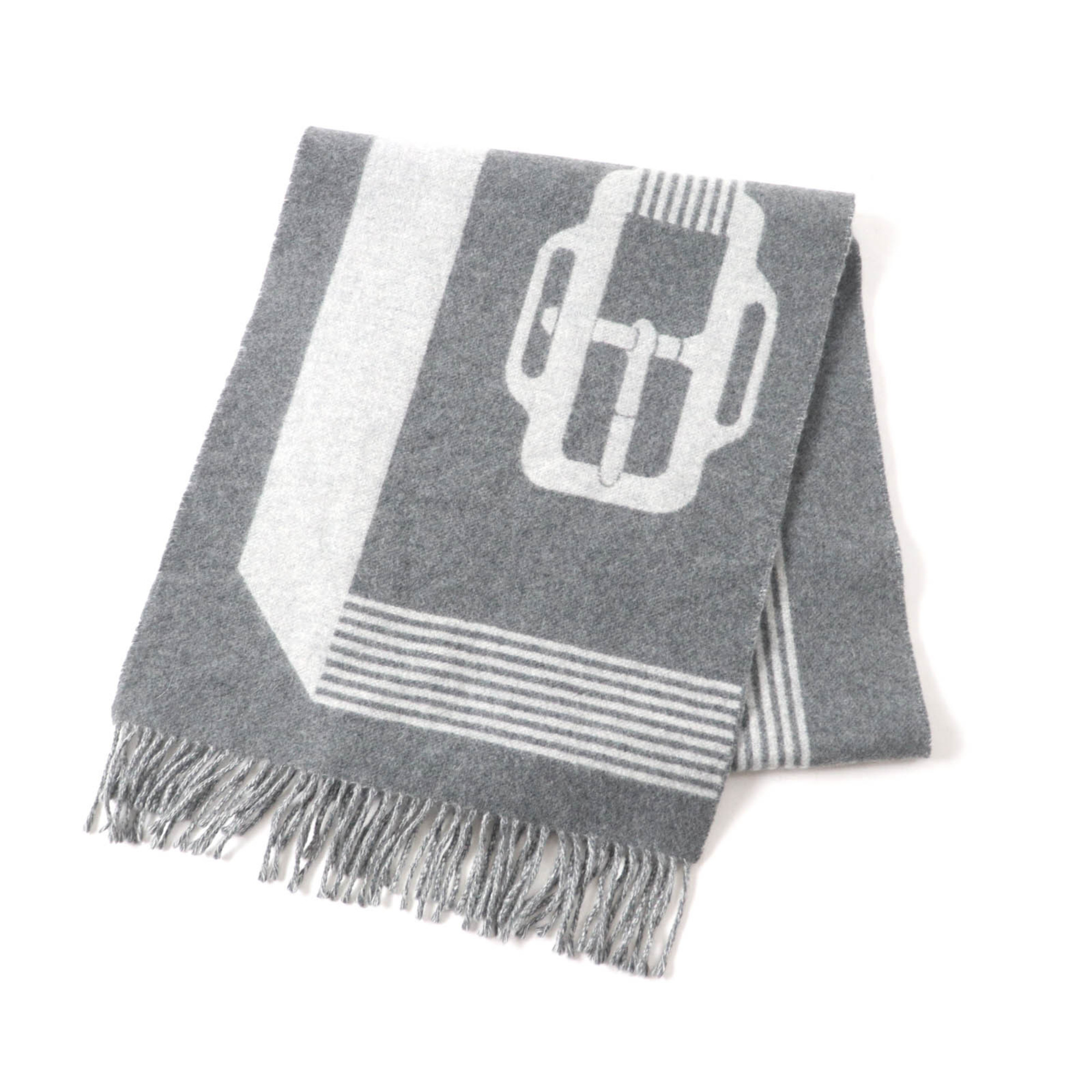 HERMES Sangle Ã  Boucle 100% Cashmere Antogracito Gris Clair Fringed Scarf, 39 x 196cm, Box Included, Made in England, Women’s