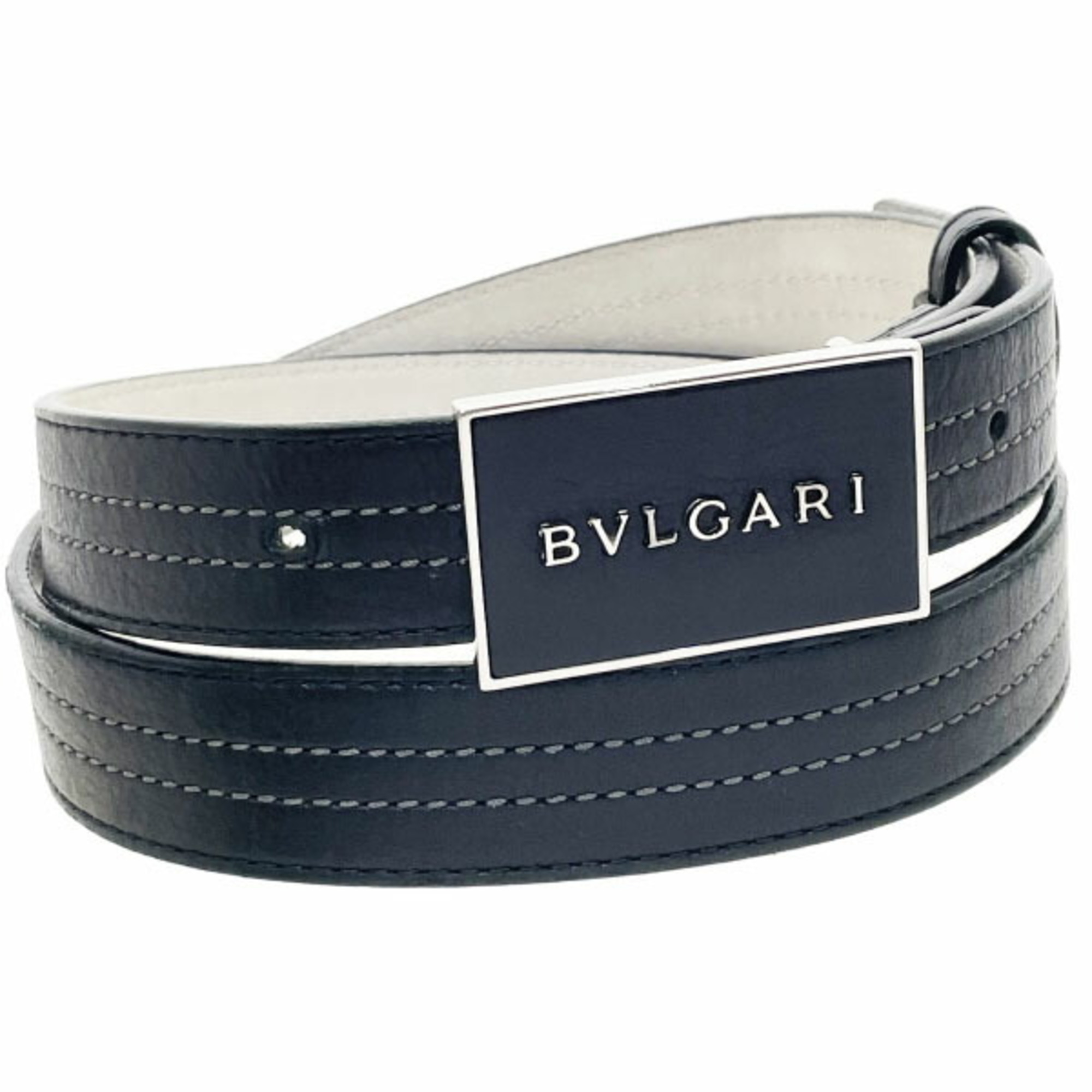 BVLGARI Men’s Plate Belt, Black Leather, 32708, Size: Approx. 90cm, RR-15840
