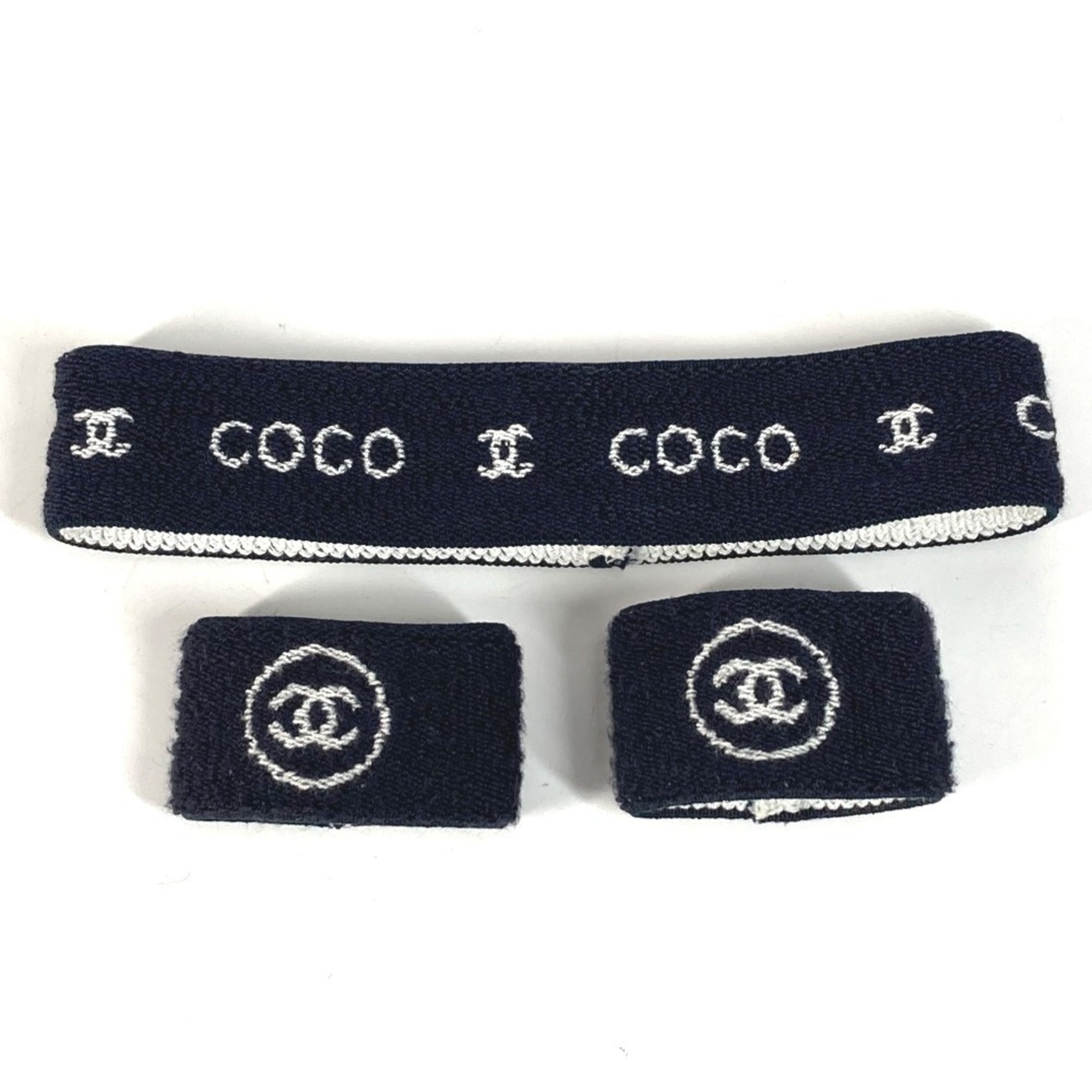 CHANEL Sport Logo 02C Hairband & Wristband 3-Piece Set, Headband, Hair Accessory, Elastic Band, Men’s Women’s, Navy