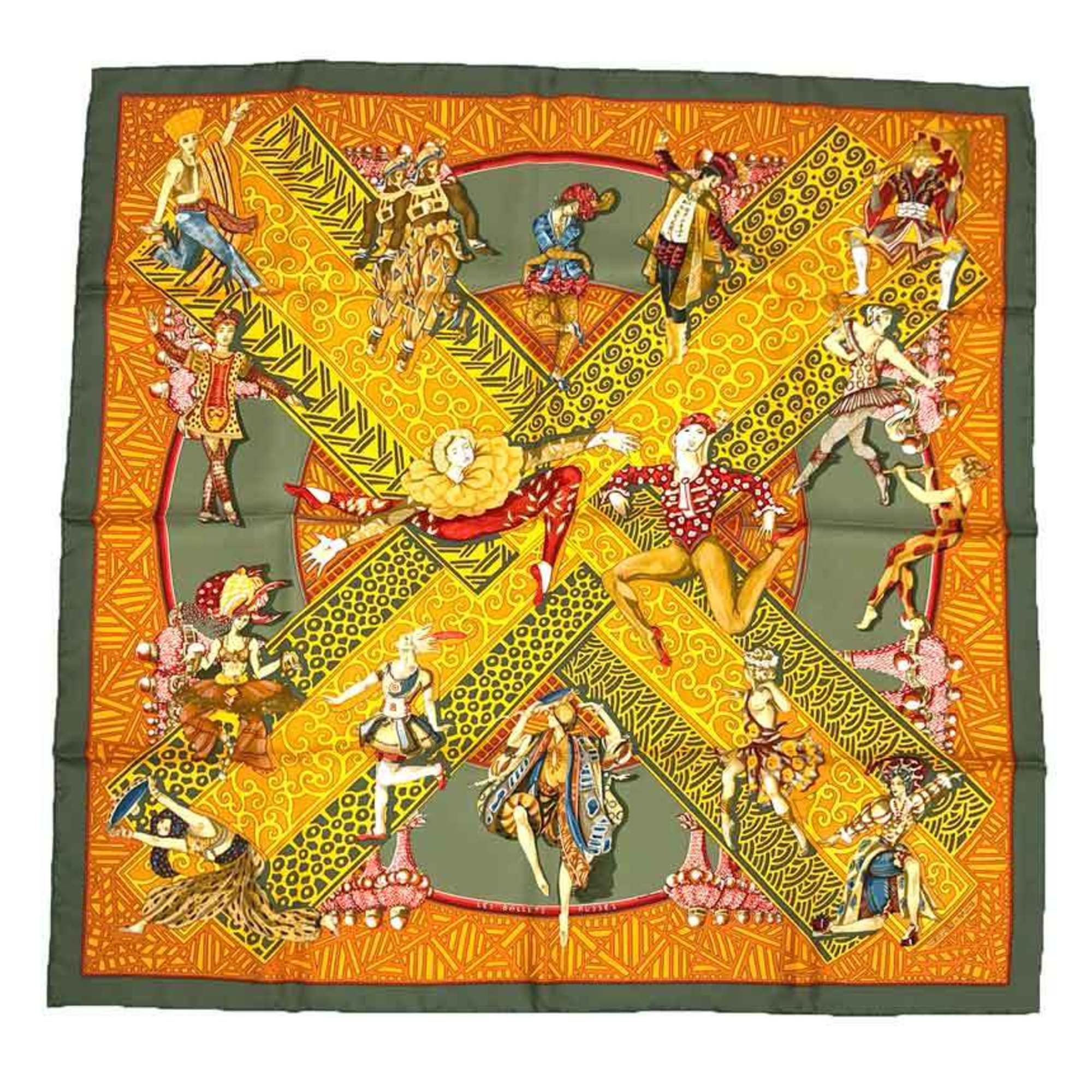 HERMES Scarf/Muffler, CarrÃ© 90, Les Ballets Russes, Russian Ballet, Silk, Khaki/Orange