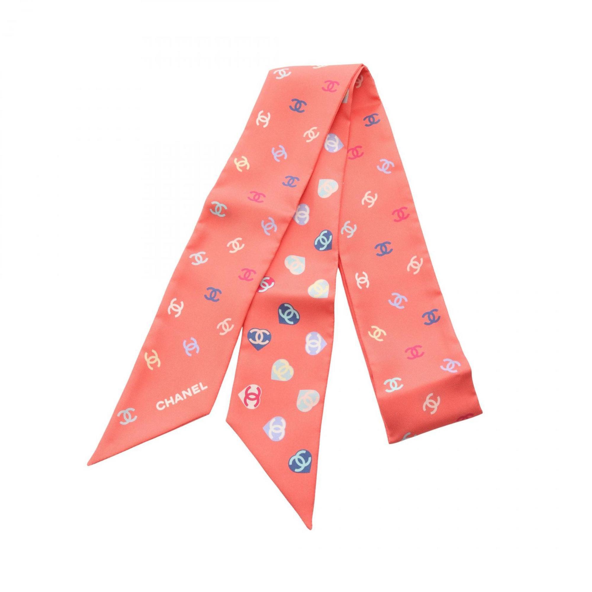 CHANEL Coco Mark Heart Scarf, Silk, Women’s, Pink, Multicolor
