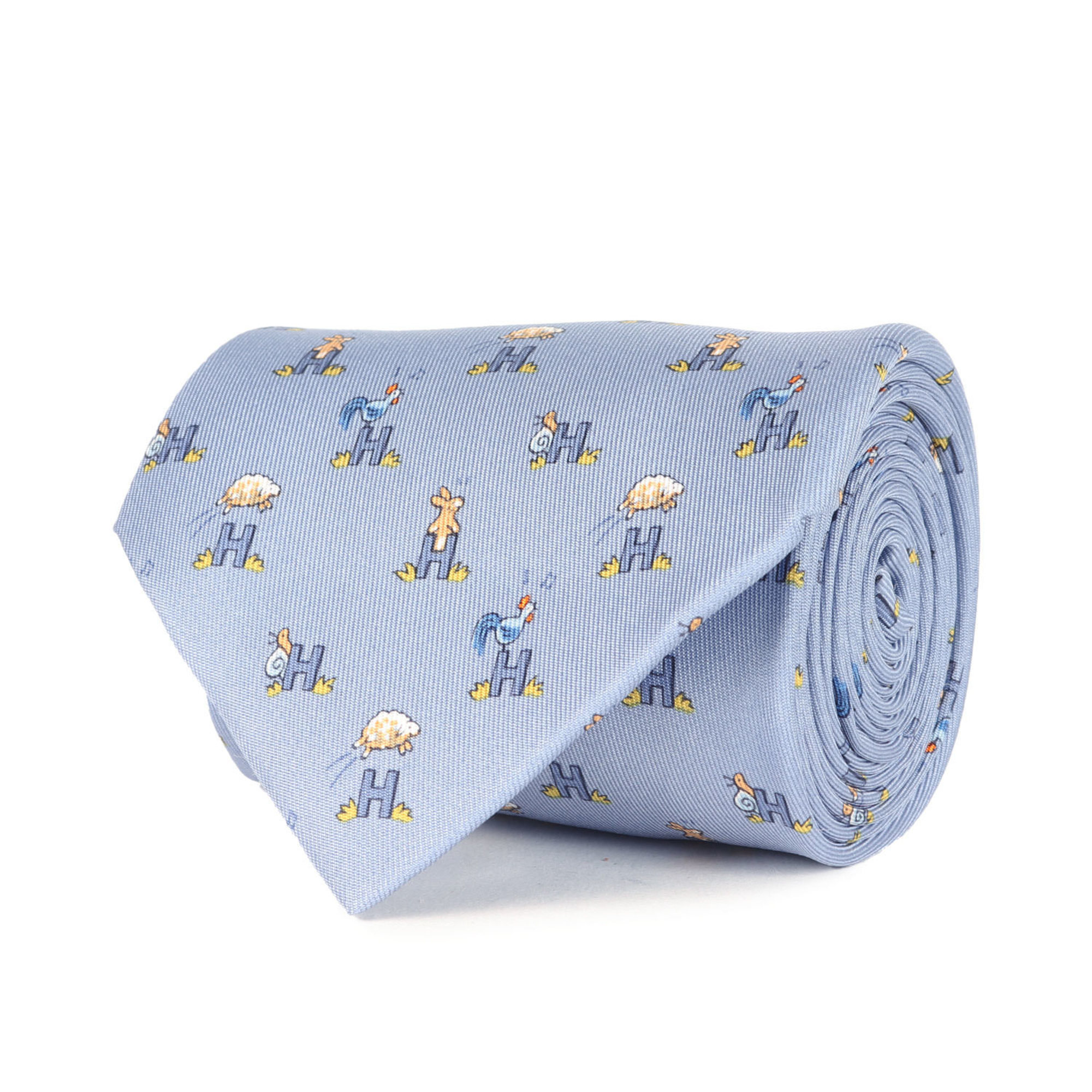 HERMES Men’s Animal H-pattern Silk Tie, Light Blue, K4615