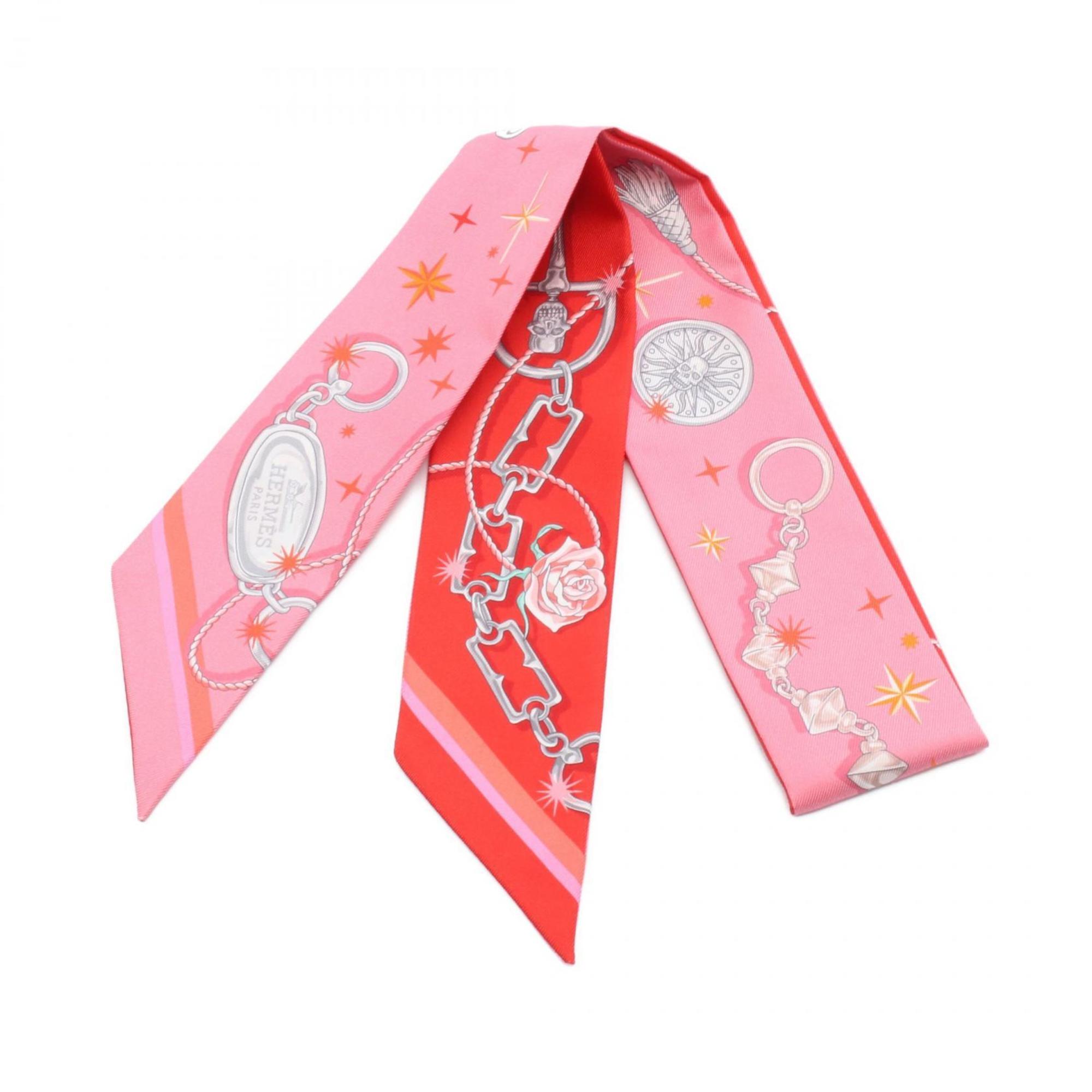 Hermes HermÃ¨s C’EST LA FETE Twilly Silk Scarf for Women in Multicolor, Pink and Red