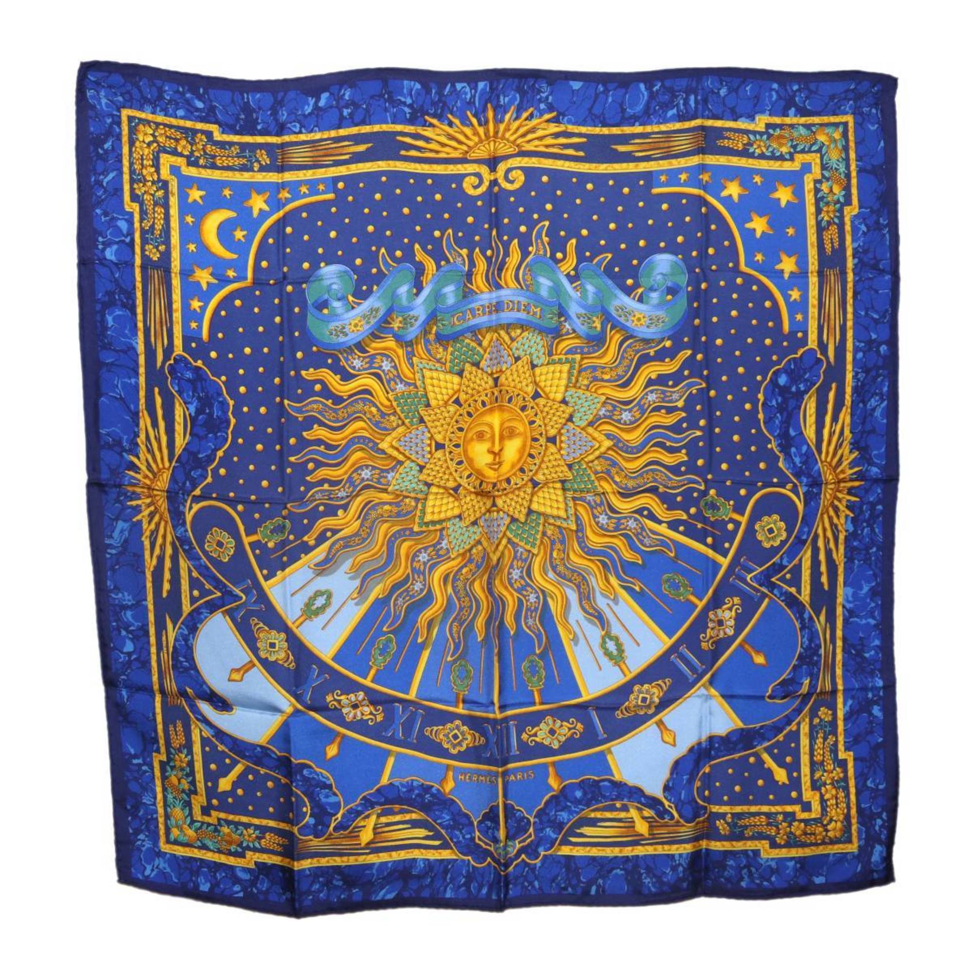 HERMES CarrÃ© 90 “Enjoy Today” 100% Silk Blue Scarf