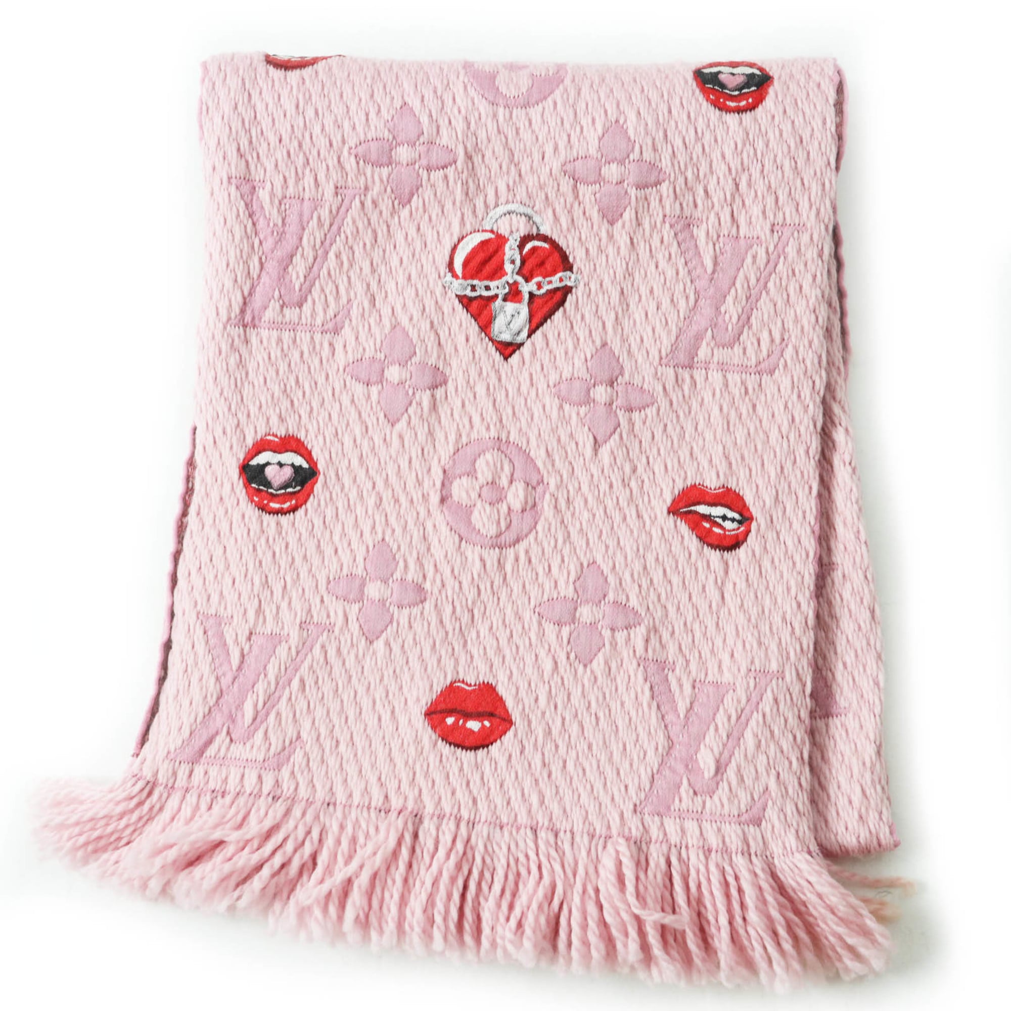 LOUIS VUITTON M76178 Echarpe Logomania Ala Folie Wool and Silk Rose Ballerine Lucky Monogram Scarf, Made in Italy, Women’s