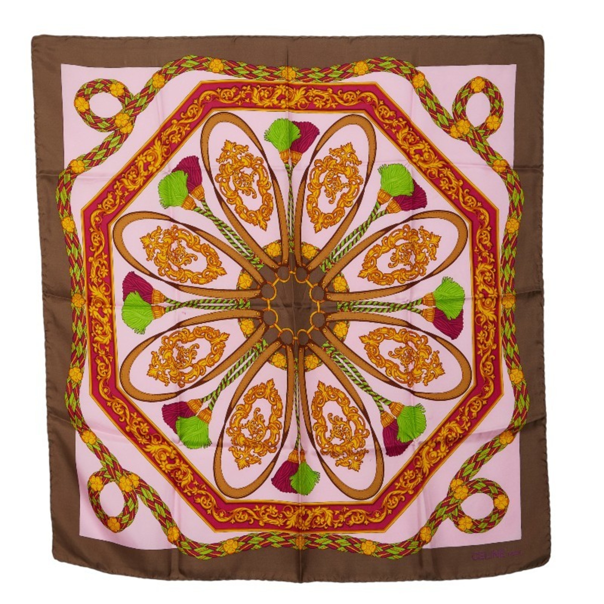 Celine all-over print scarf/muffler in pink and multicolored silk for women.