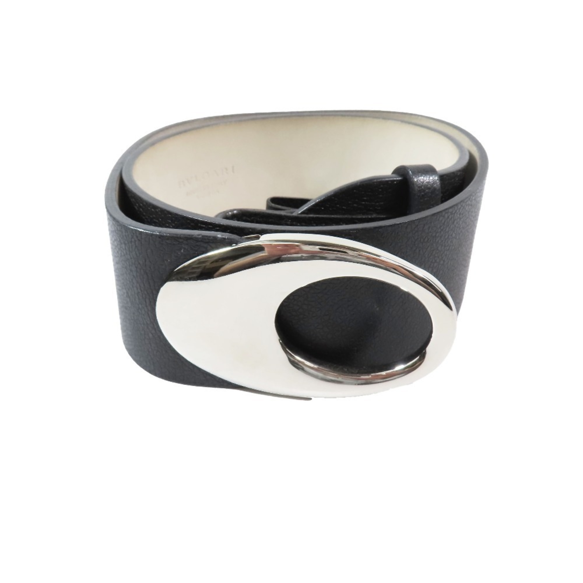 BVLGARI Bulgari Leather Luxury Round Buckle Sash Belt Cummerbund Waist Mark Black Silver Men’s