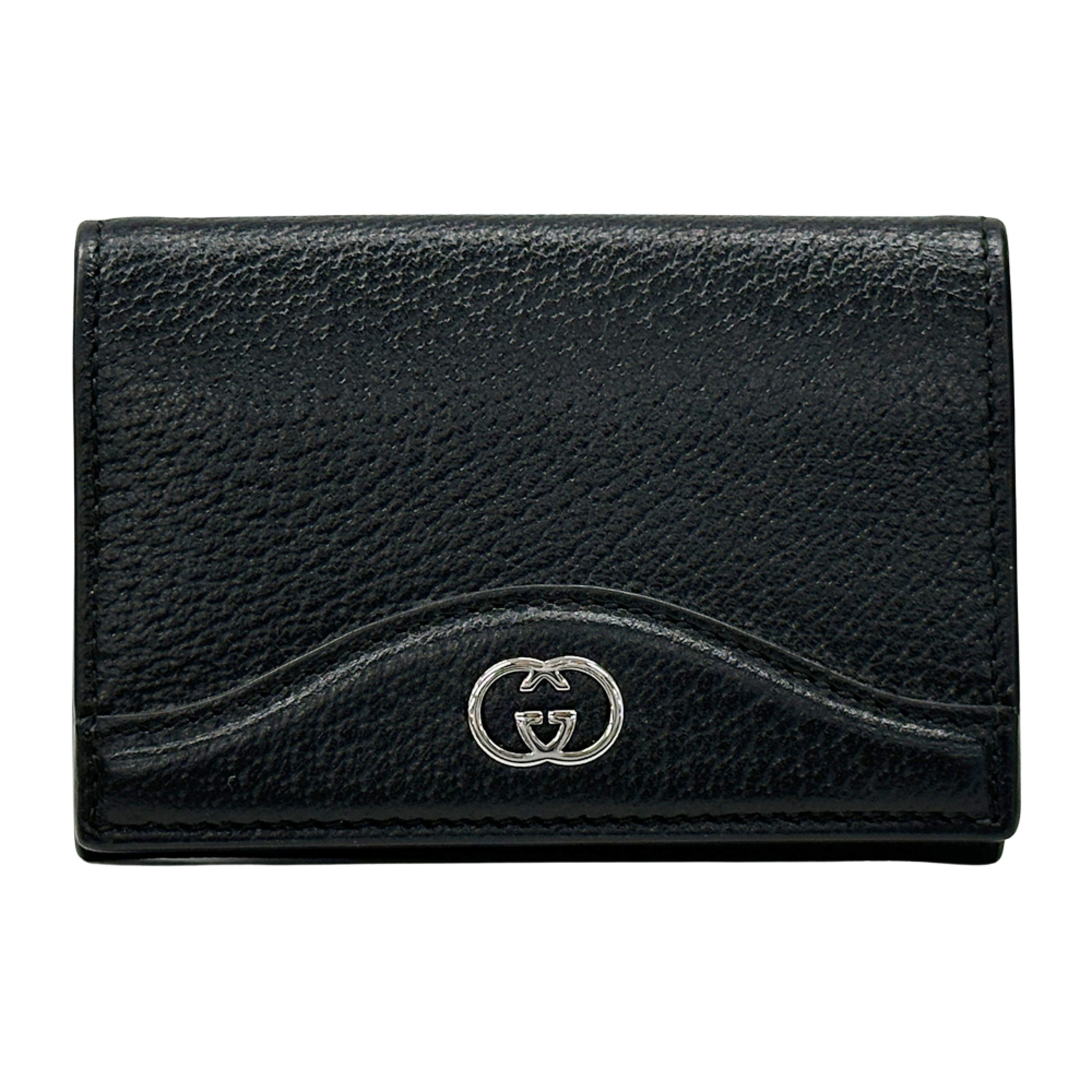 Gucci Men’s New Brit Leather Card Case (739425) in Black with Silver Hardware and GG Logo