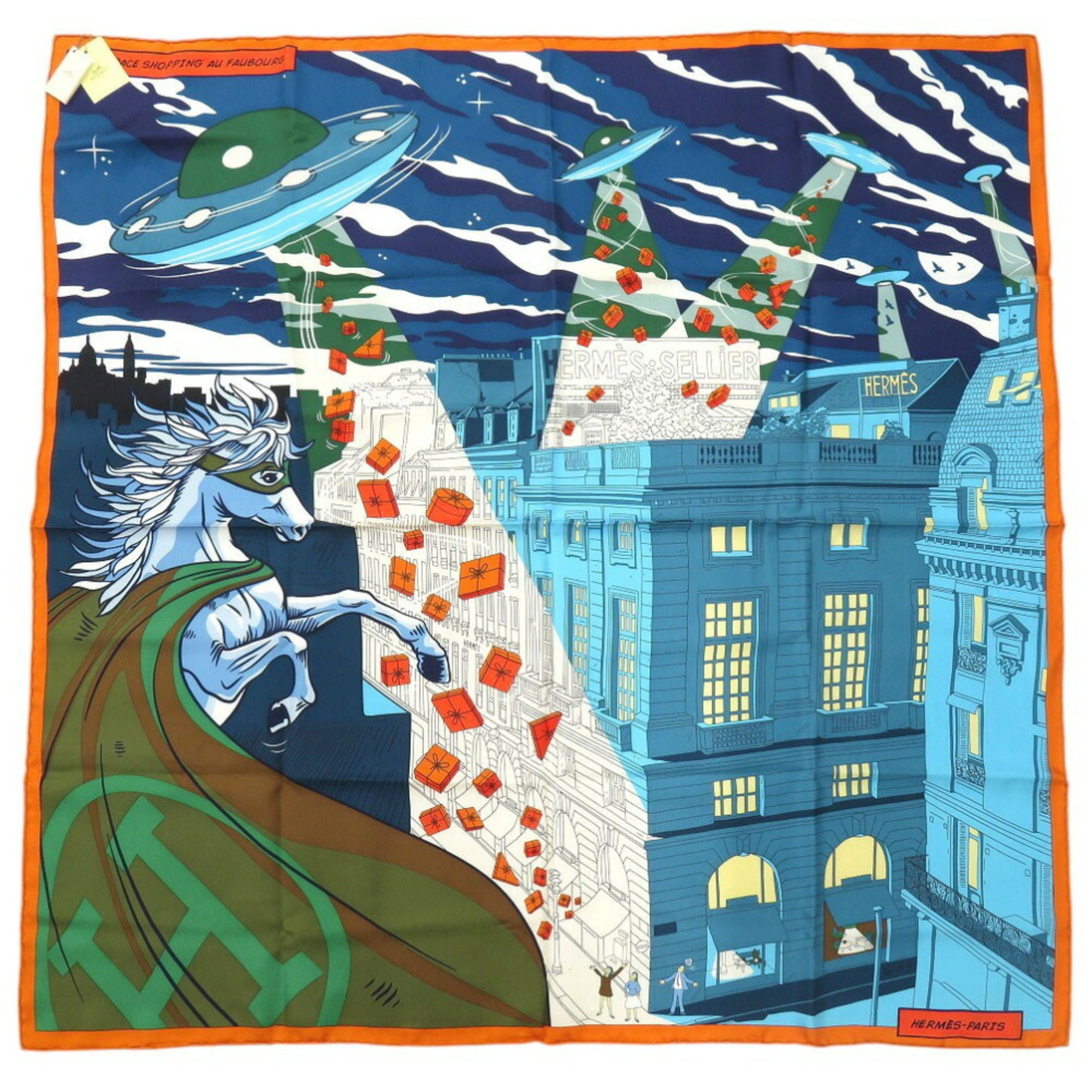 Hermes Carre 90 Space Shopping Au Faubourg Scarf Muffler Silk Multicolor 0734HERMES