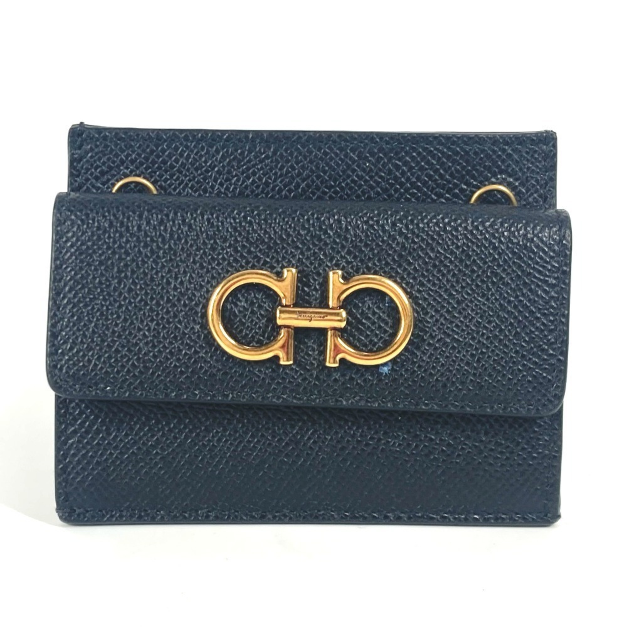 Salvatore Ferragamo wallet, coin purse, crossbody pouch, Gancini logo, card case, business holder, with chain, leather, women’s, black, like new
