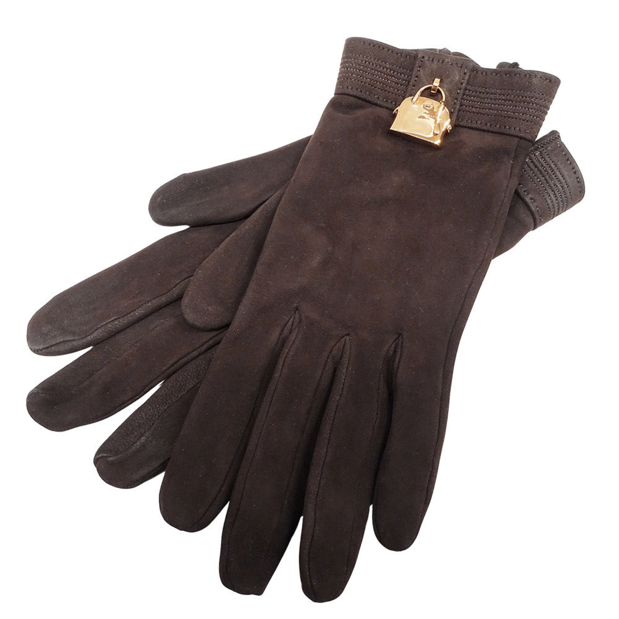 Hermes HermÃ¨s Women’s Suede Gloves, Brown, Sizes 7-1/2, Solid Color, Simple, Cold Weather, with Bag-Shaped Charm