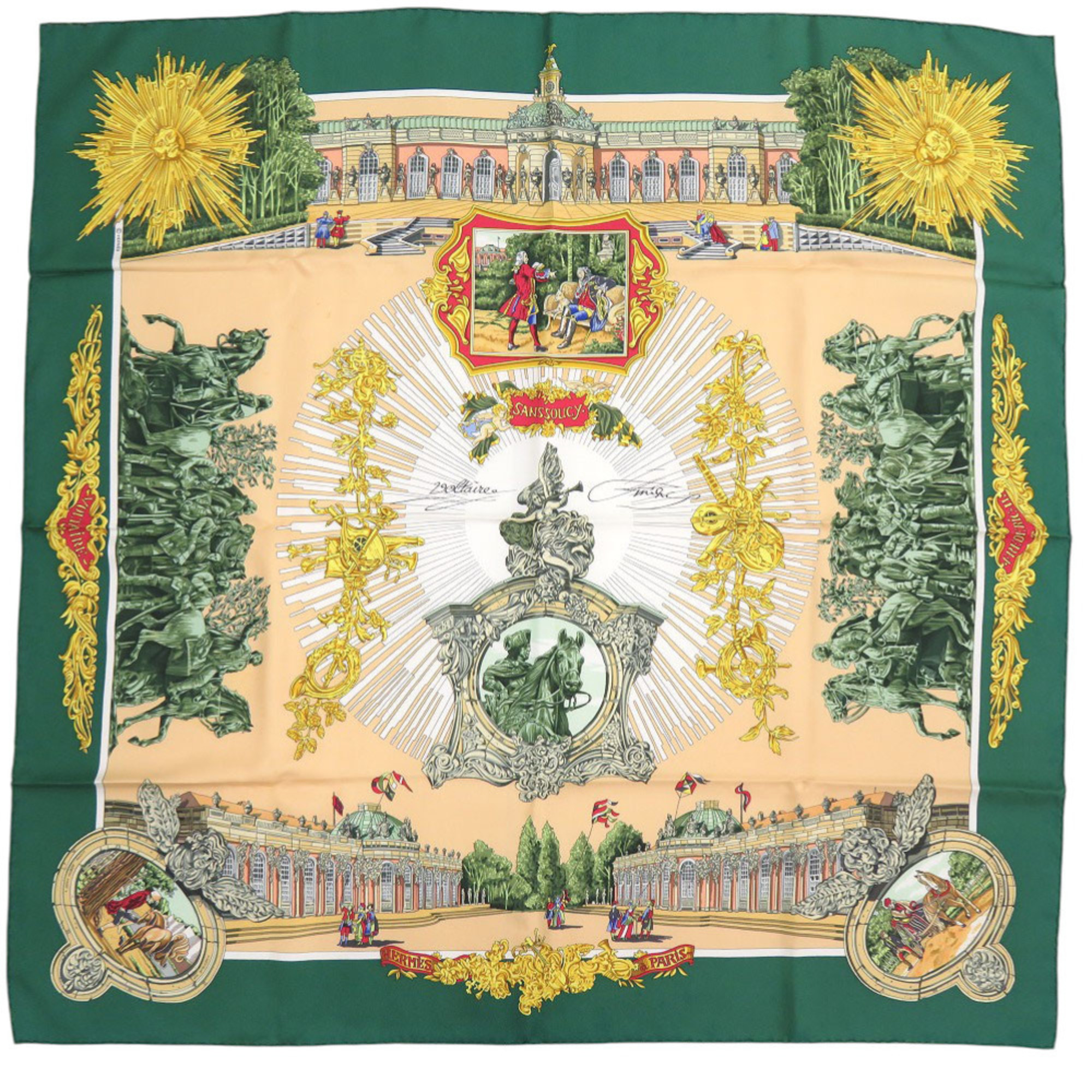 Hermes HermÃ¨s CarrÃ© 90 Sanssouci Palace Silk Scarf Muffler in Green, Gold, and Red (0137)