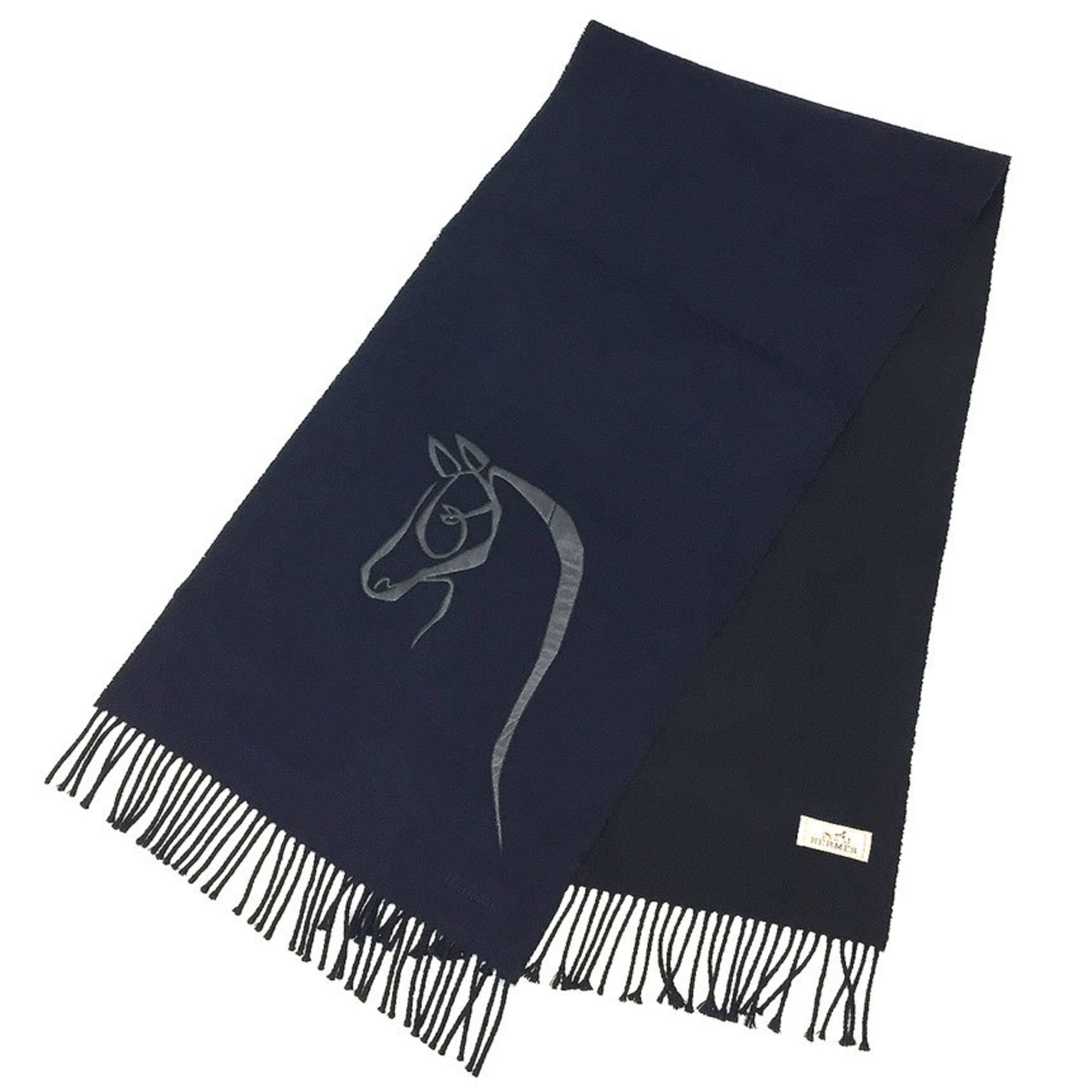 HERMES Hermes scarf stole shawl horse horseshoe leather applique navy x black men women unisex
