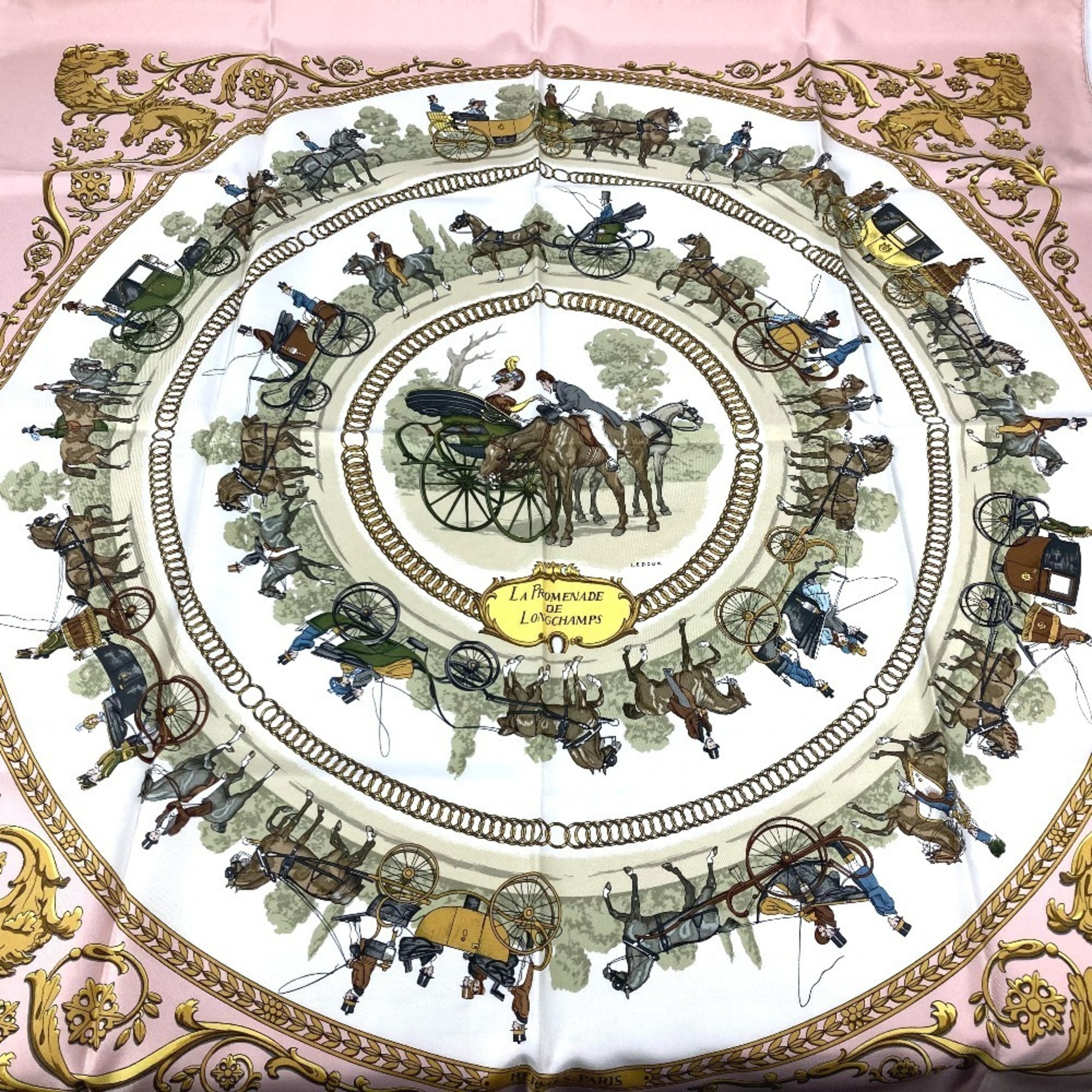 HERMES CarrÃ© 90 LA PROMENADE DE LONGCHAMPS Stroll to Longchamps Silk Scarf Women’s Pink