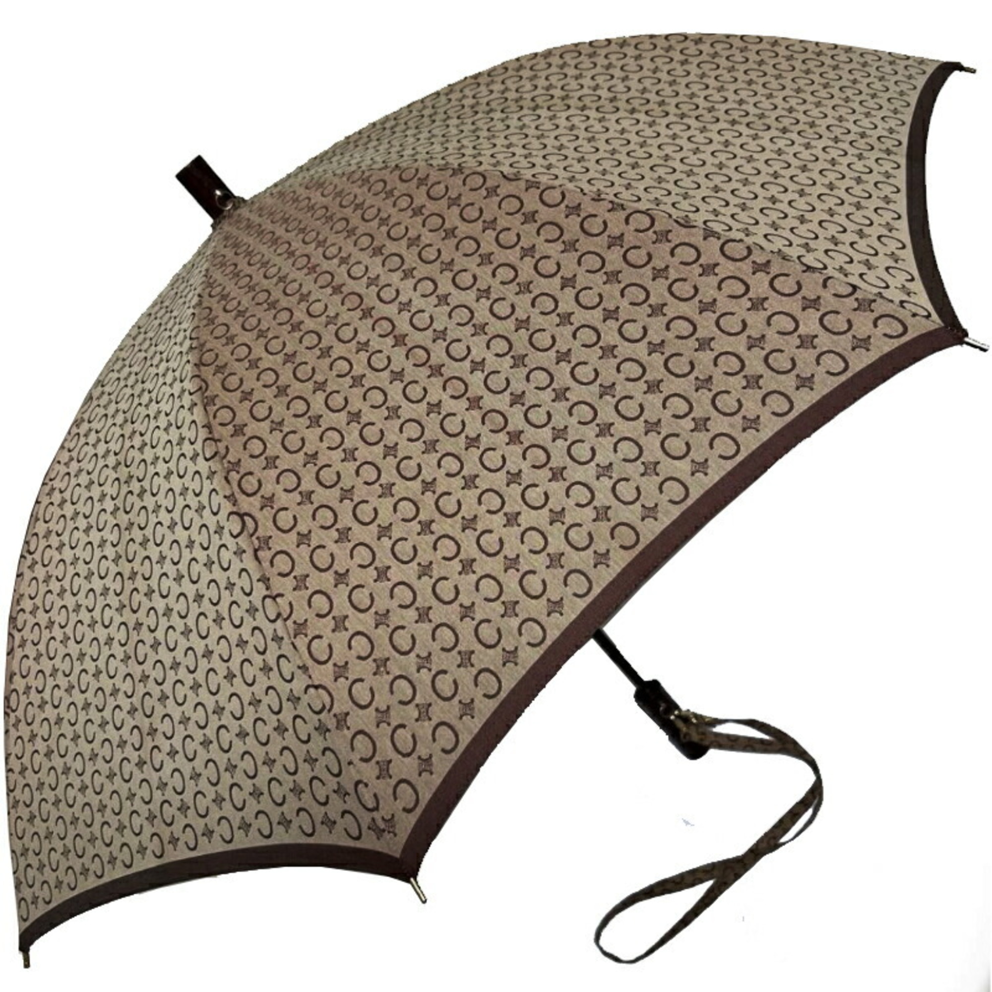 Celine Women’s and Men’s Long Umbrella, Rain or Shine, 8 Ribs, Wooden Handle, Brown, Macadam Pattern