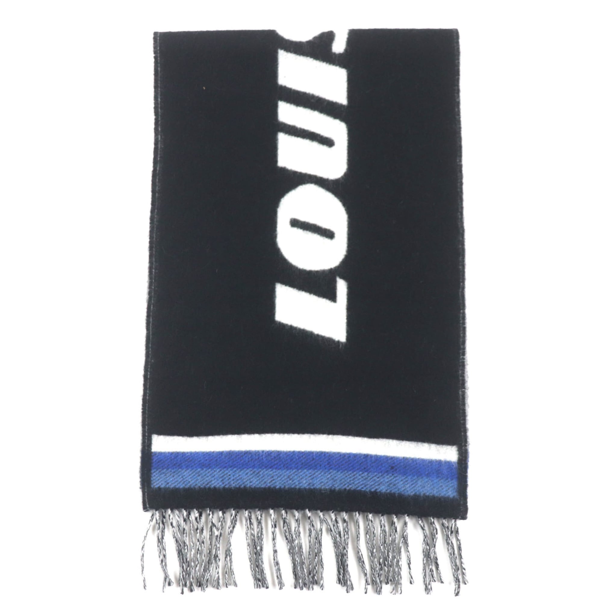 LOUIS VUITTON 2019 Louis Vuitton Echarpe LV Forward Wool and Cashmere Scarf with Logo Design Fringe, M73439, Current Edition, Black, White, Blue, Made in the UK, Authentic, Men’s