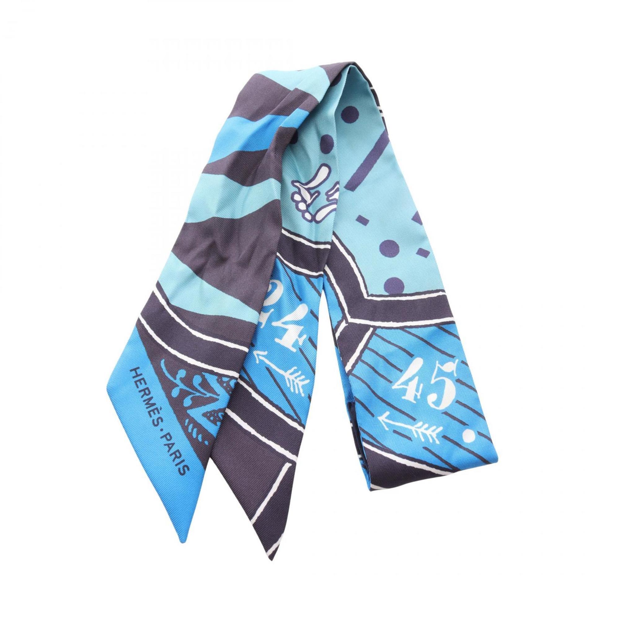 Hermes HermÃ¨s Twilly “JEU DE SOIE UNIFORME” Silk Scarf for Women in Multicolor Blue