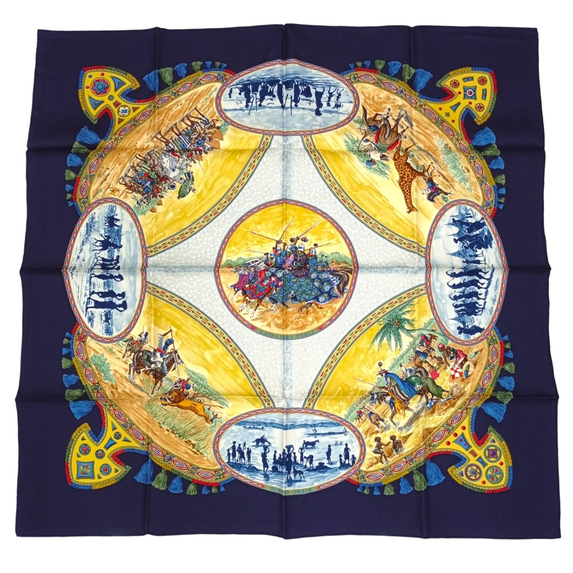 Hermes 100% silk CarrÃ© 90 CAVALIERS PEULS Blue HERMES scarf muffler unused