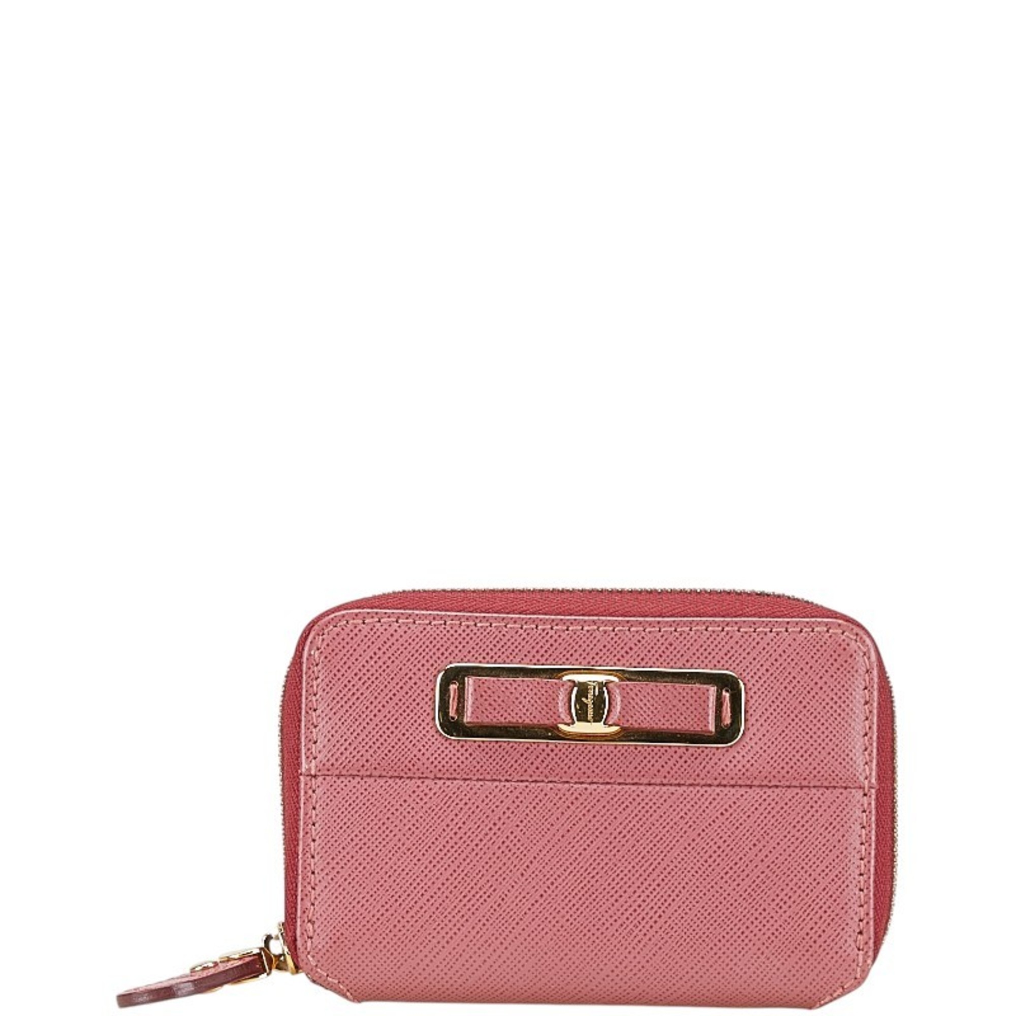 Salvatore Ferragamo Vara Ribbon Business Card Case in Pink and Gold Leather for Women