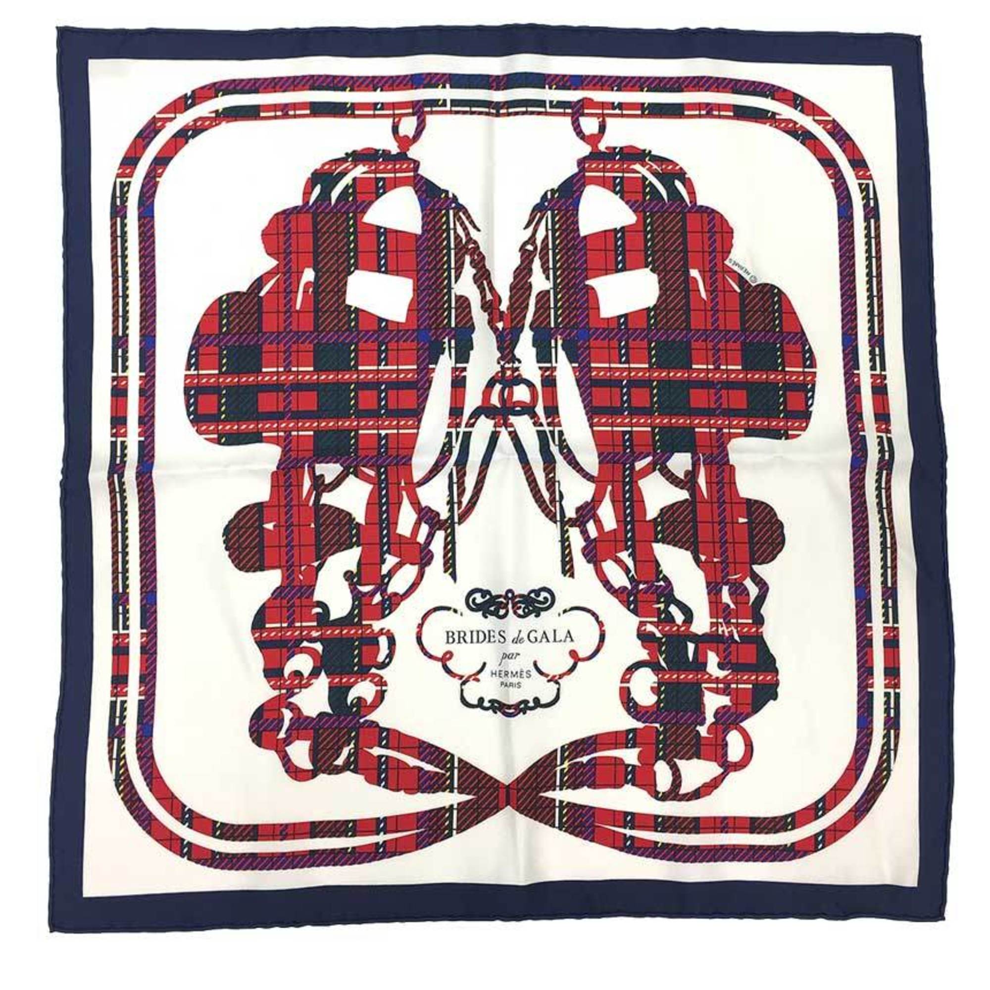 HERMES Scarf Muffler Carre 45 CARRE Gavroche Brides de Gala Tartan H894052S 09 2023AW Marine/Blanc/Rouge 100% Silk aq10886