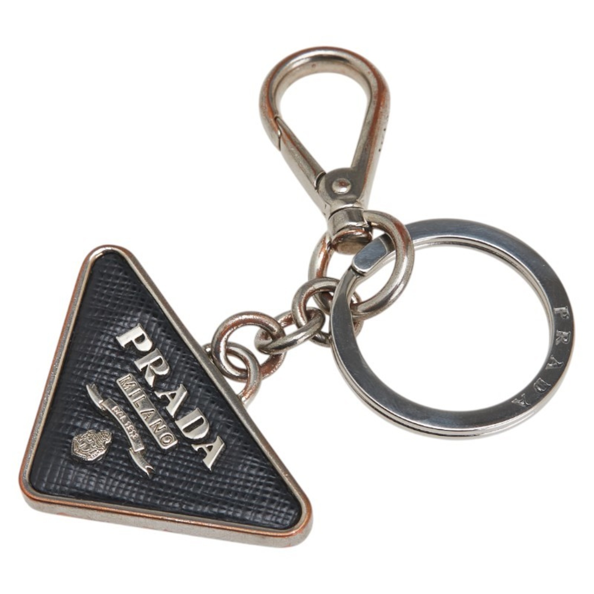Prada Triangle Logo Plate Key Ring Keychain Silver Black Metal Leather Men’s PRADA