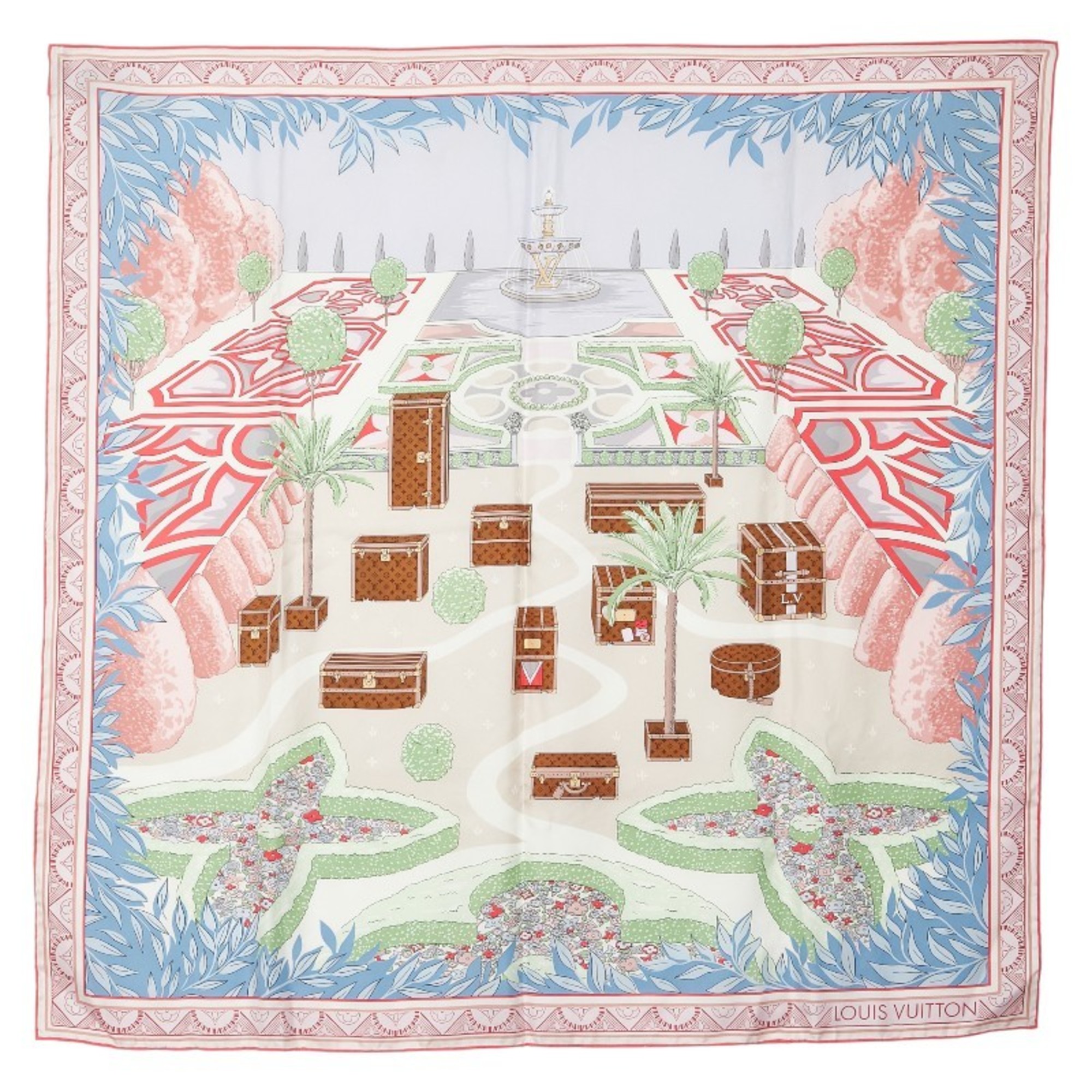 Louis Vuitton Garden Monogram Trunk Motif Scarf M78784 Pink Blue Multicolor Silk Women’s LOUIS VUITTON