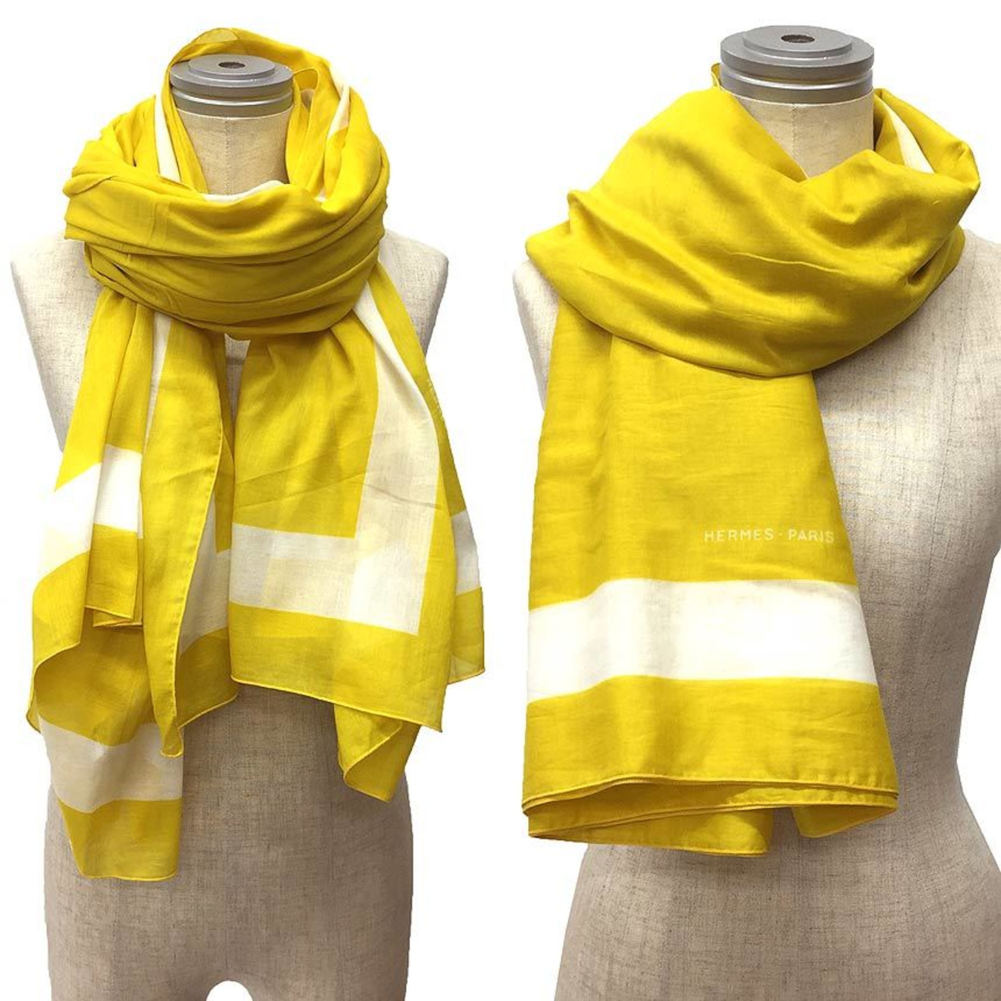 HERMES Large Shawl/Stole, Cotton, Yellow, Blanket, Multi-Cover, Scarf