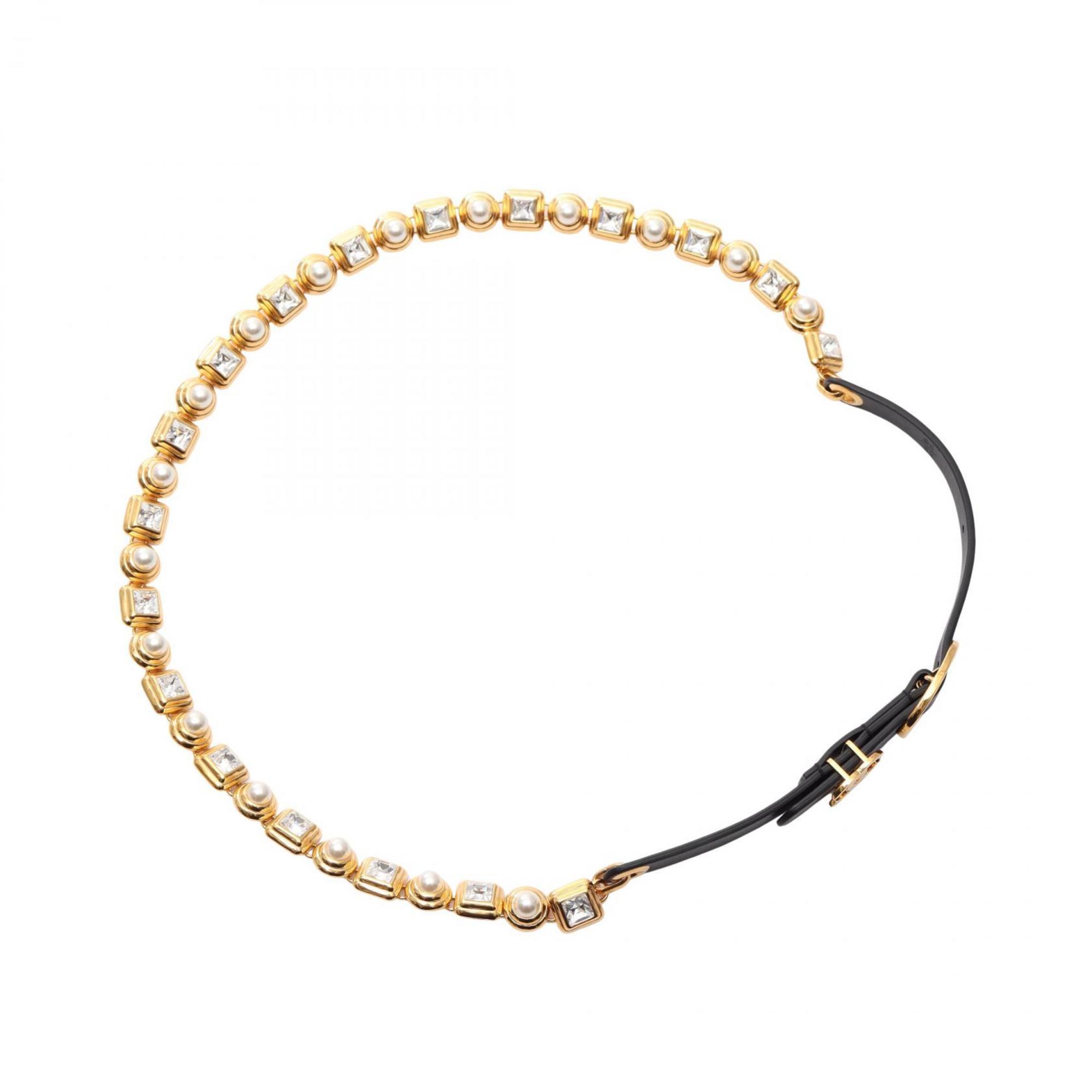 CHANEL Coco Mark Leather Belt with GP Crystal and Faux Pearl, Women’s, Black Gold