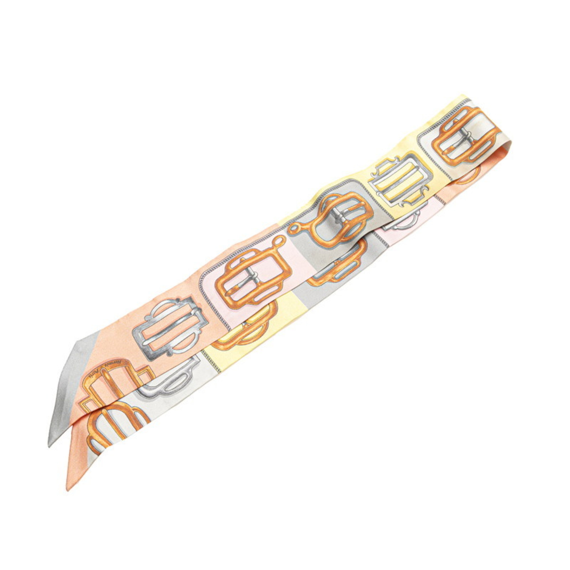 Hermes HermÃ¨s Twilly Bouclerie d Attelage buckle scarf, gray, brown, and multicolored silk, for women.