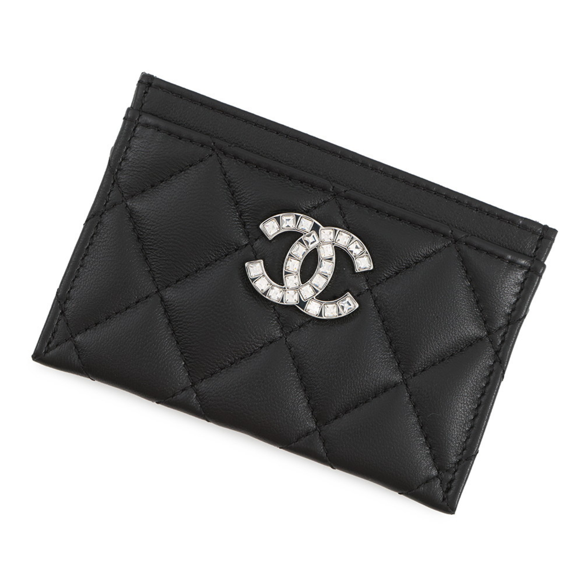 CHANEL Card Case, Matelasse, Coco Mark, Rhinestone, Lambskin, AP3990, Business Holder, Pass Black