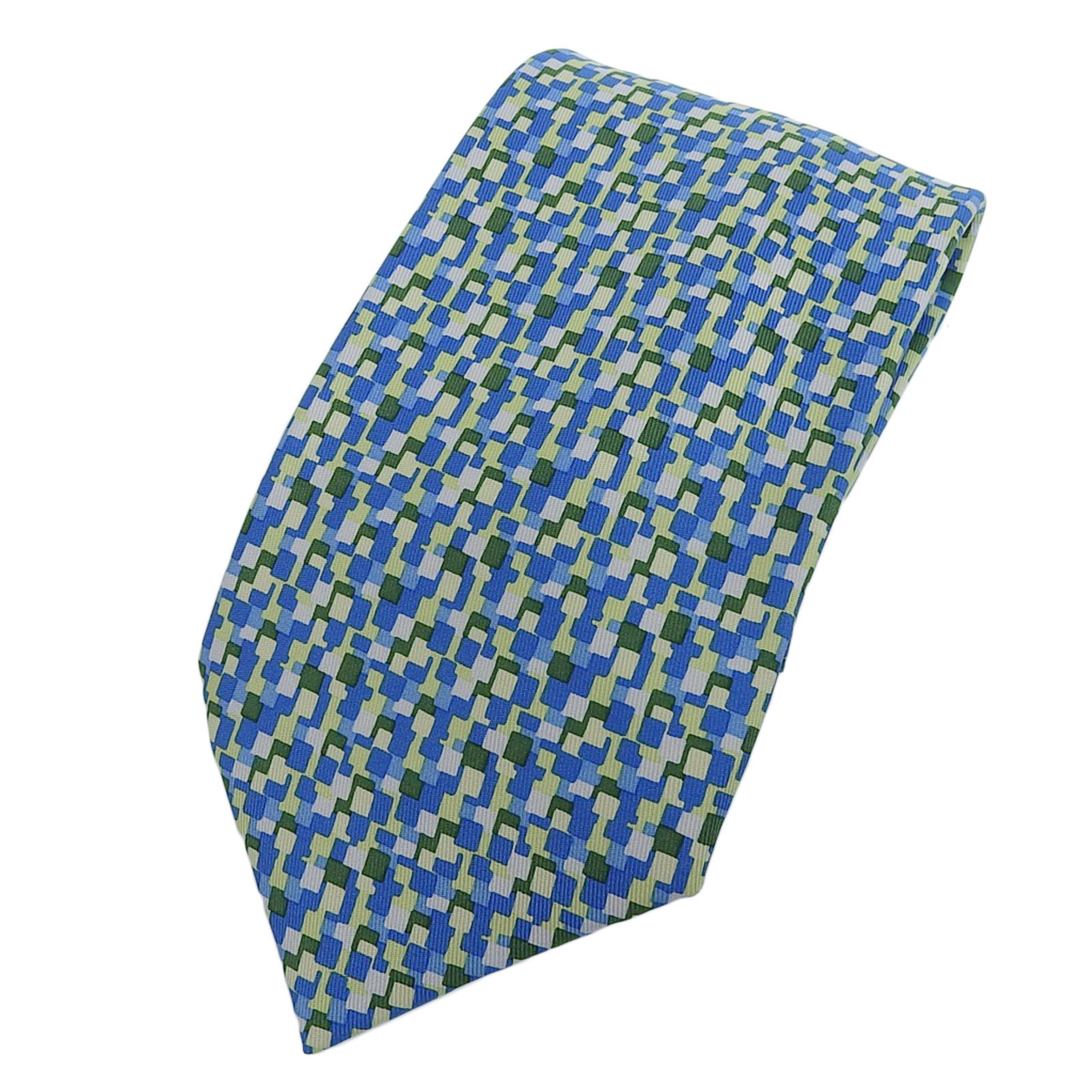 HERMES 5089 PA 100% Silk All-Over Logo Print Tie, Blue and Green, Multicolor, Made in France, Men’s