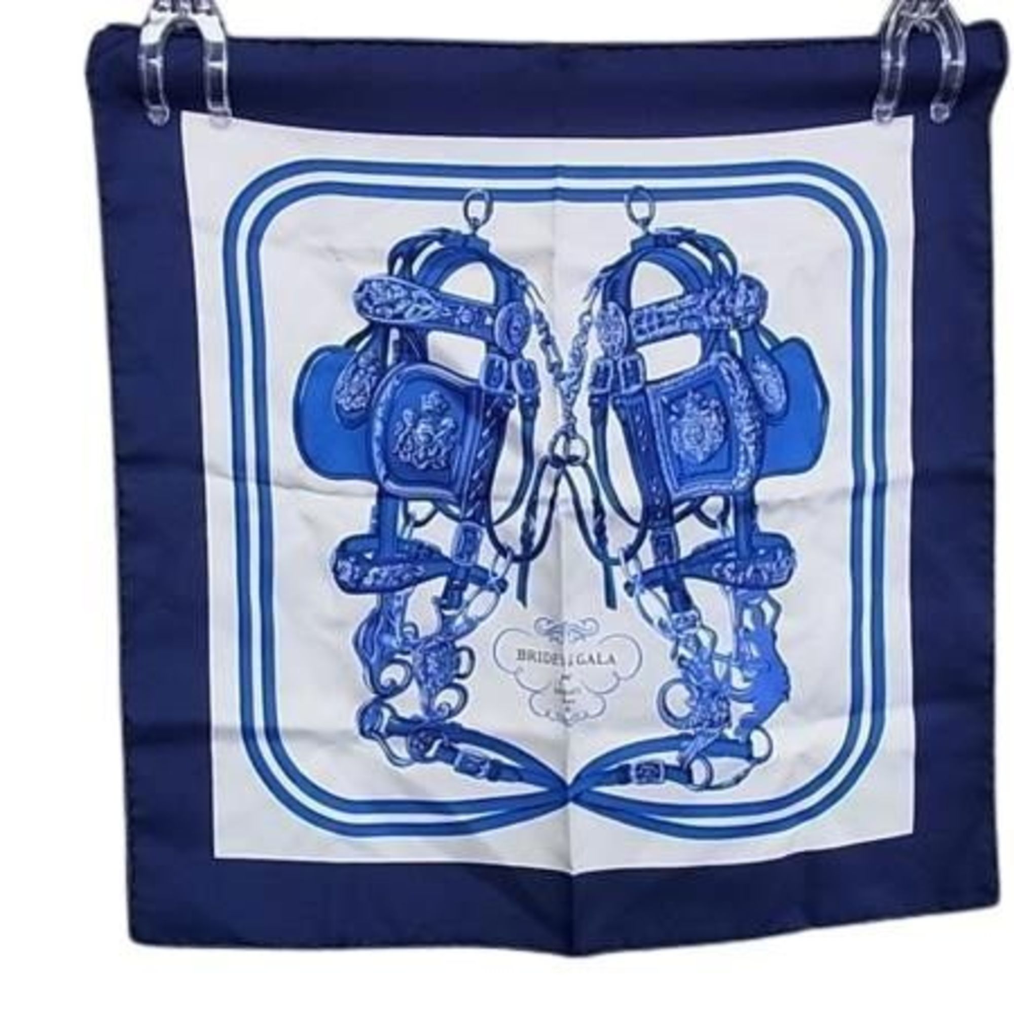 HERMES CarrÃ© 45 Scarf, Ivory Blue Silk, Women’s, Petit CarrÃ©, BRIDES de GALA, Ceremonial Bridle