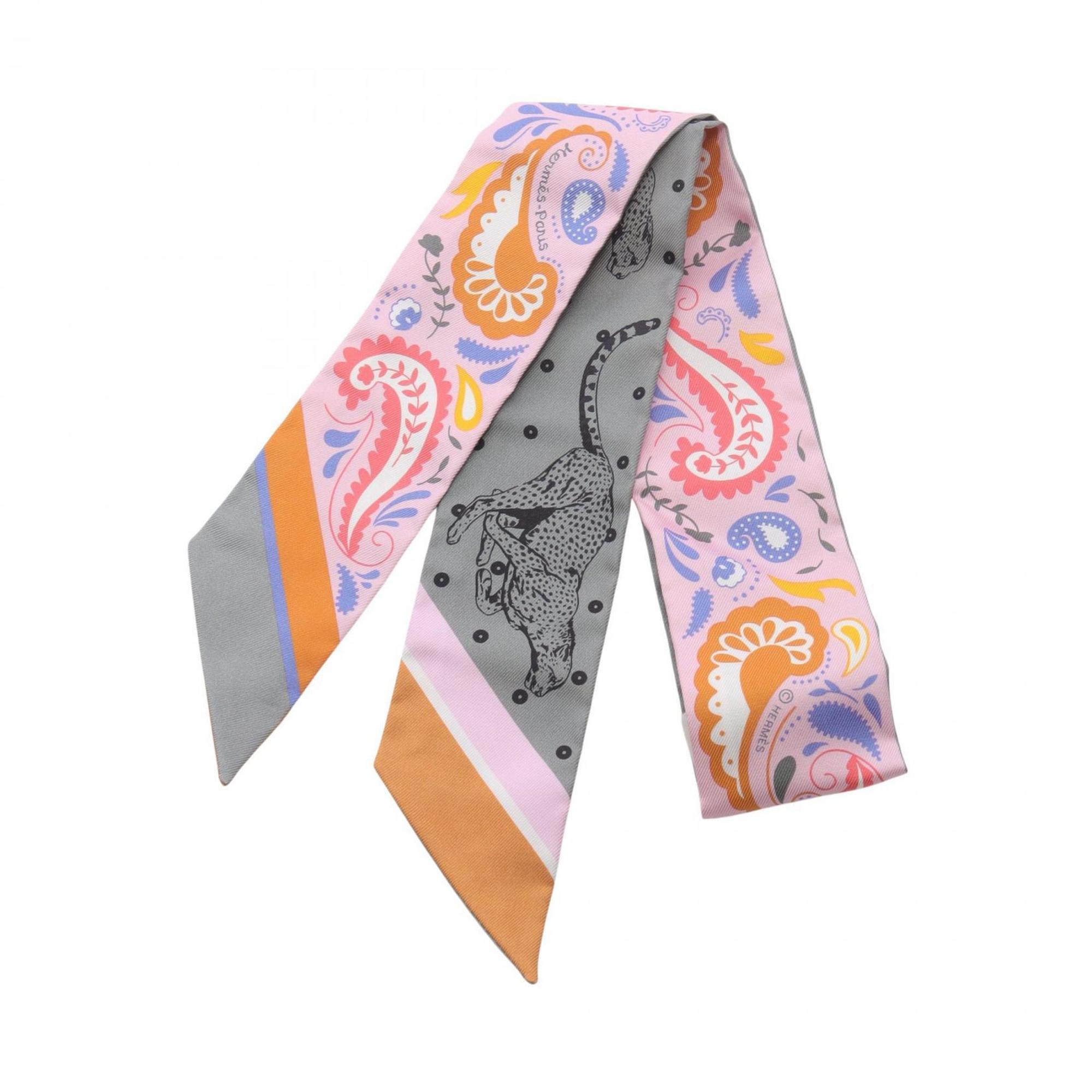 Hermes HermÃ¨s Guepards Bandana Twilly Silk Scarf for Women in Pink, Gray, and Multicolor