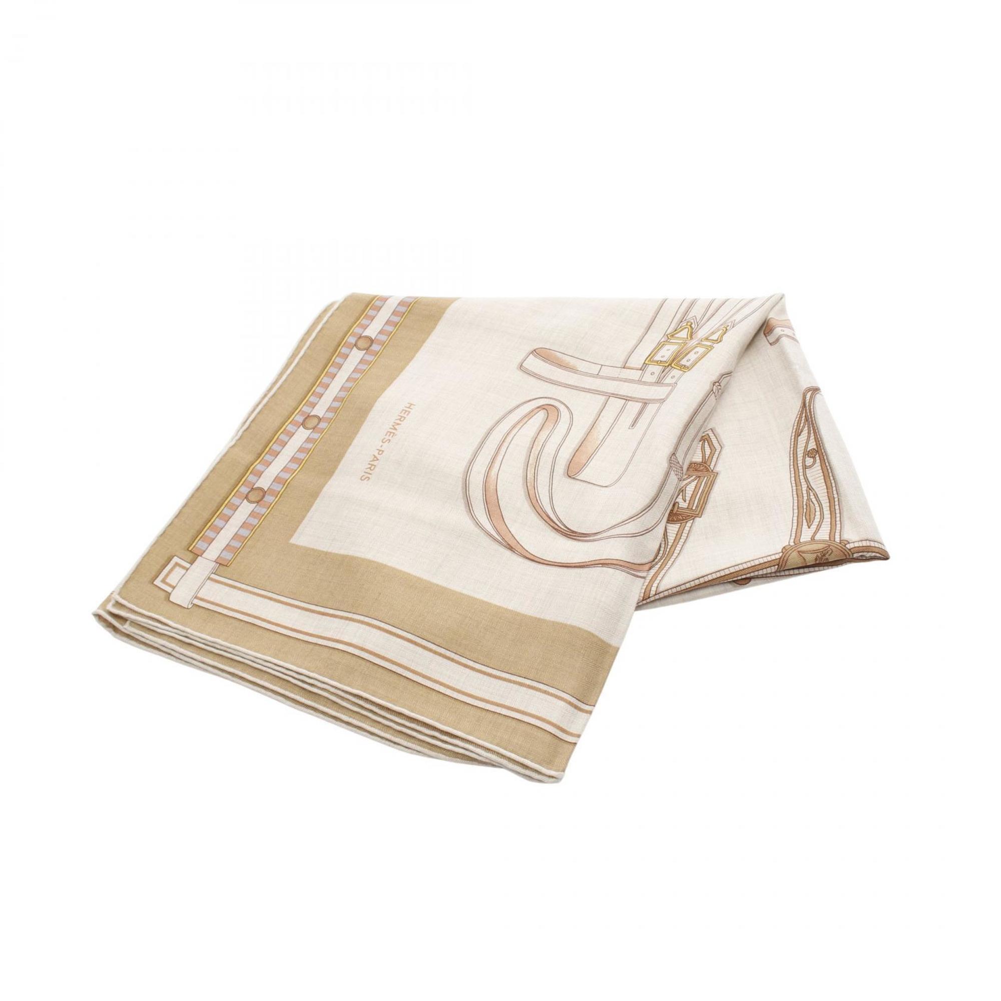 Hermes HermÃ¨s Carre Jean 140 LETTRES EQUESTRES Scarf, Silk, Cashmere, Beige, Women’s