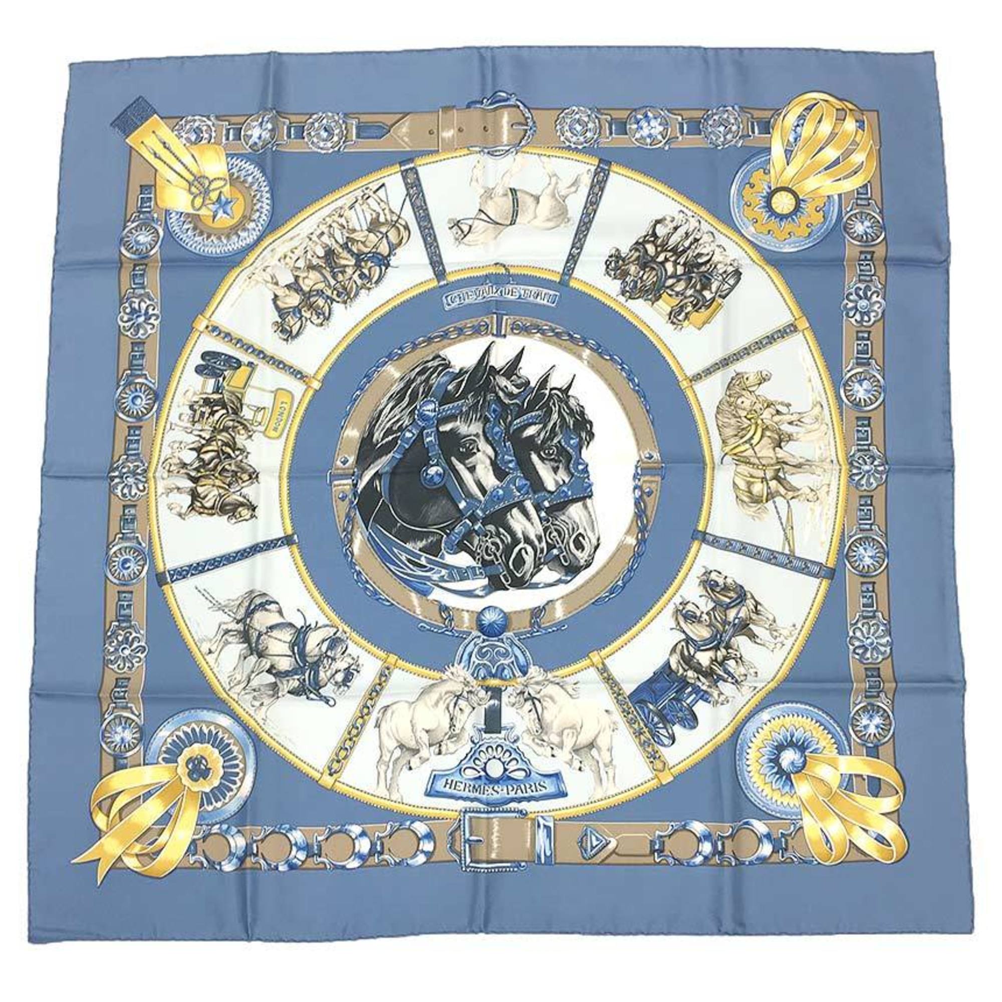 HERMES Scarf Muffler Carre 90 CHEVAUX DE TRAIT Draft Horse Bamba Blue 100% Silk
