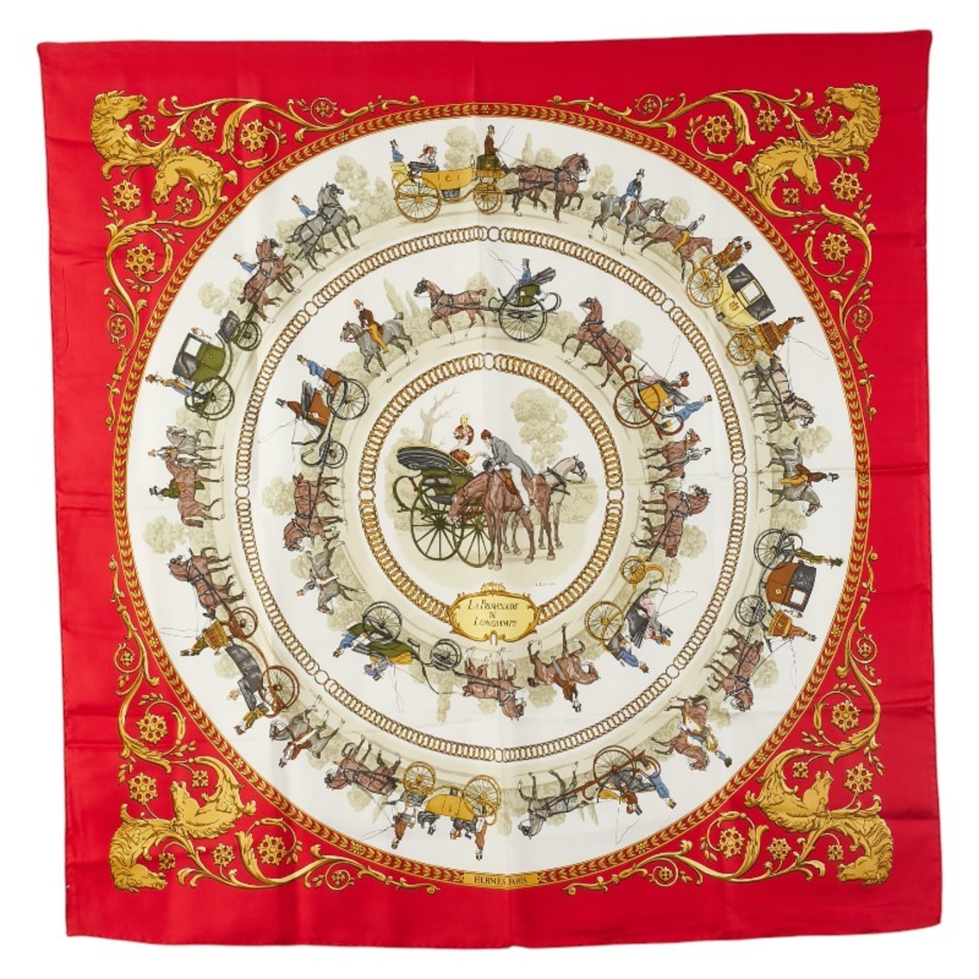 Hermes HermÃ¨s CarrÃ© 90 “LA PROMENADE DE LONGCHAMPS” Scarf, Red, Gold, Multicolor, Silk, Women’s