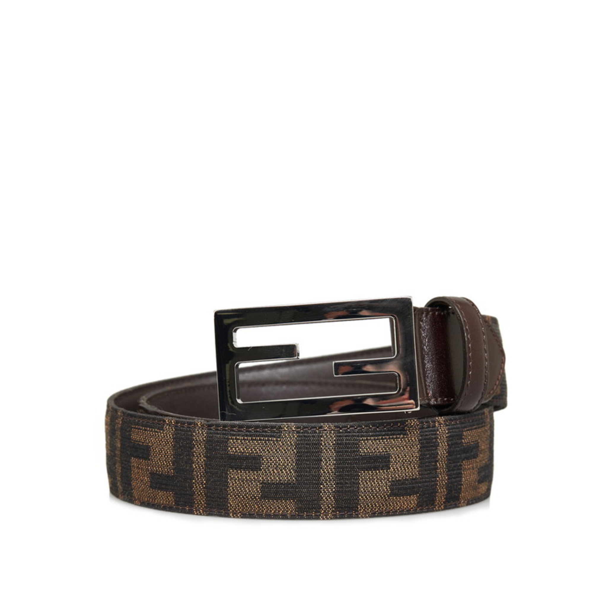 FENDI ZUCCA FF BUCKLE BELT 42 BROWN CANVAS LEATHER WOMEN’S