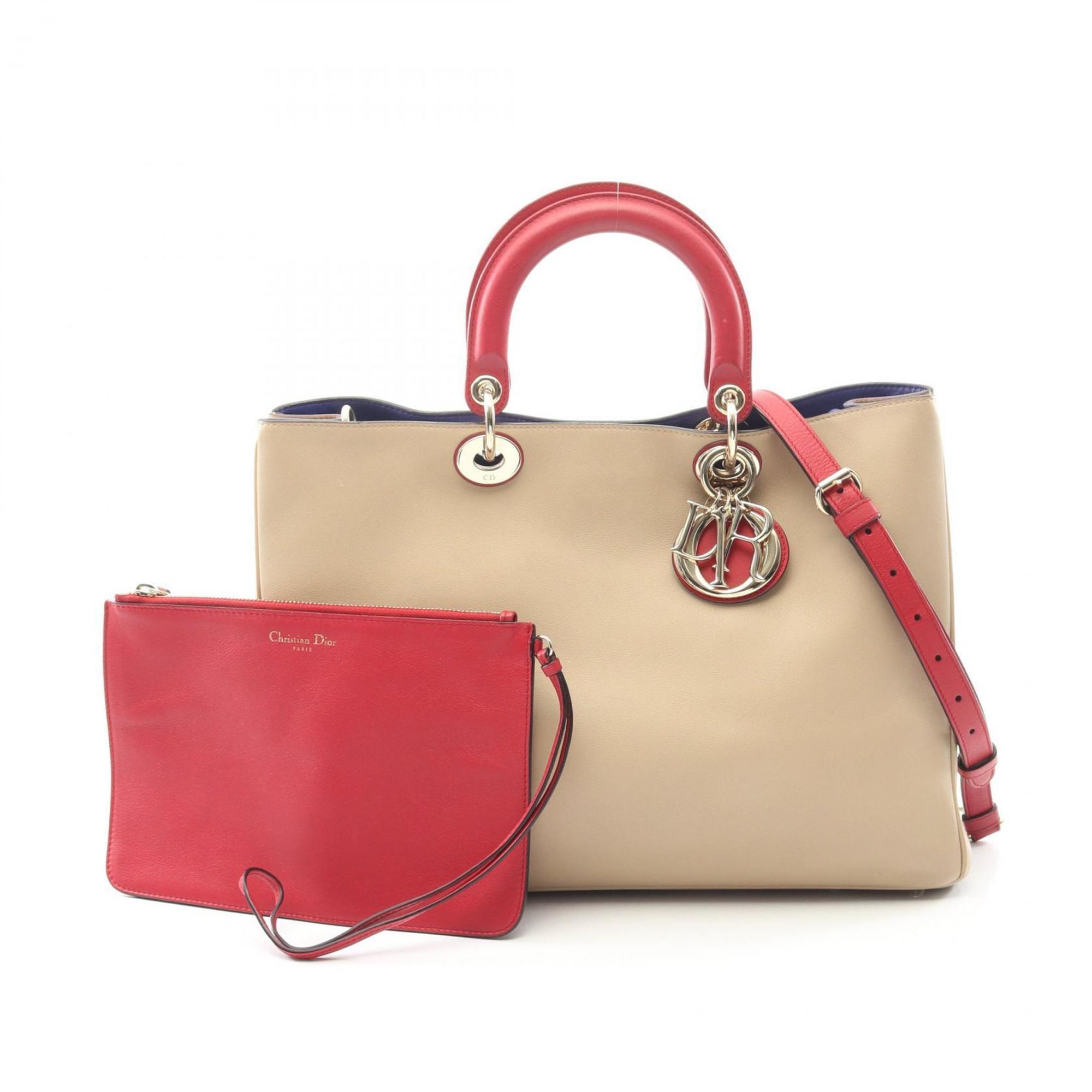 Christian Dior Dior Diorissimo Large Handbag, Leather, Women’s, Beige and Red