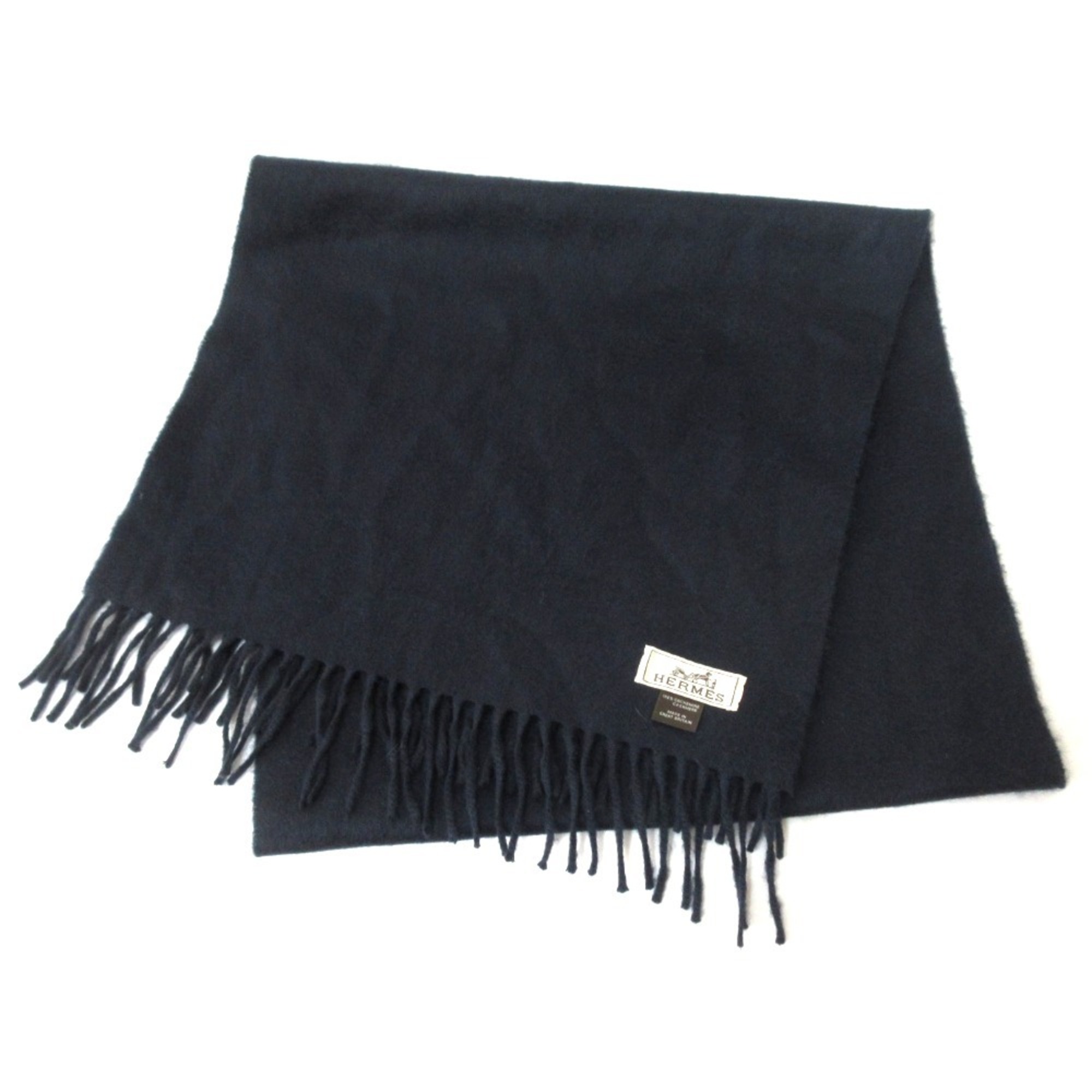HERMES 100% cashmere, logo embroidered, fringe, scarf, navy, for men and women