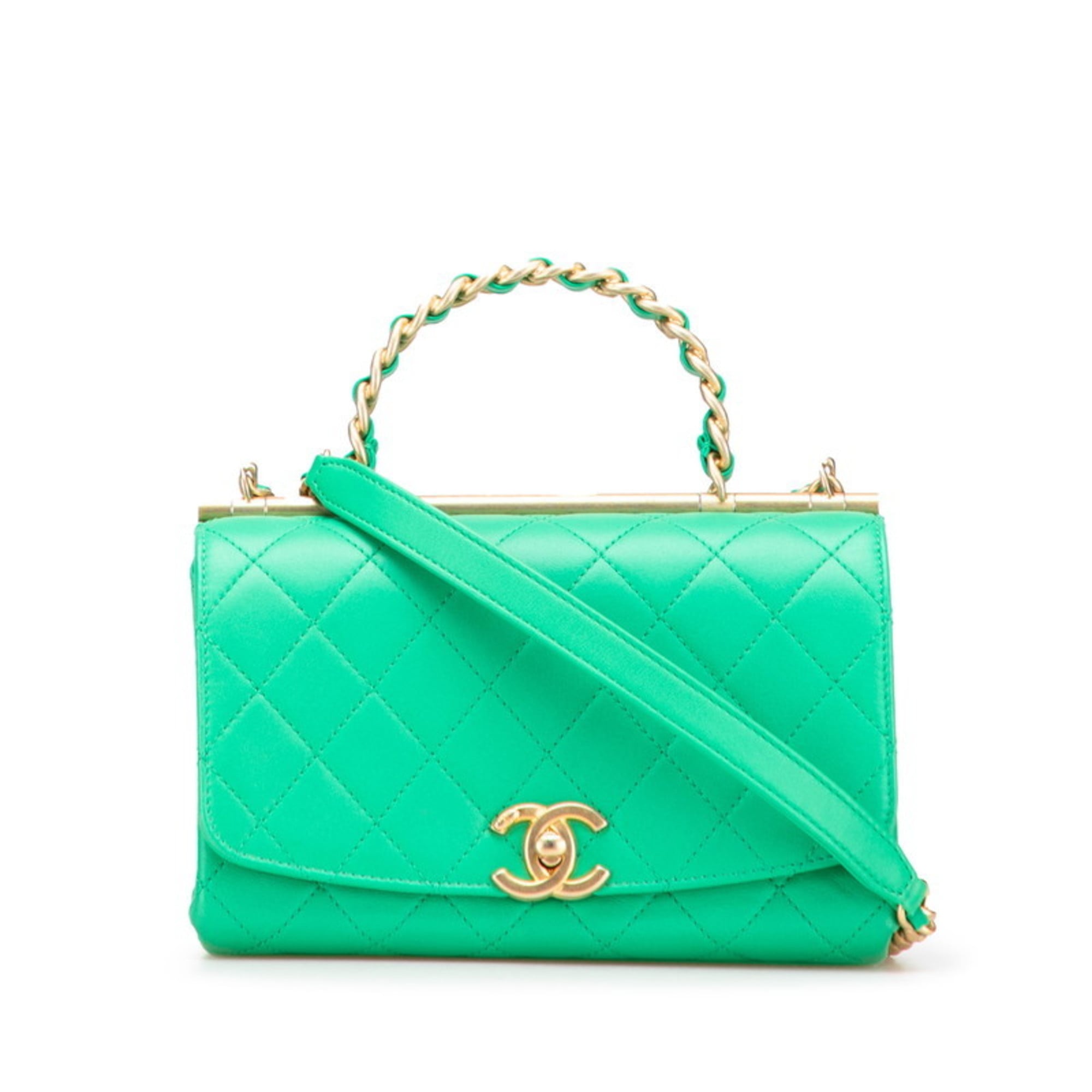 CHANEL Matelasse Coco Mark Top Handle Shoulder Bag Tote 2-Way Green Gold Lambskin Women’s