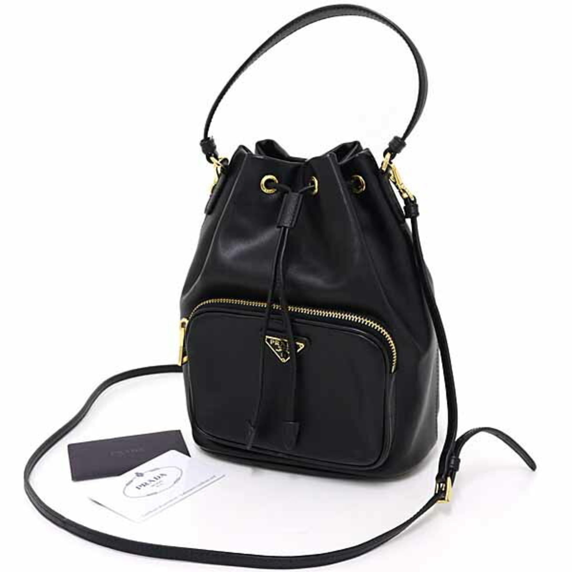 Prada Duet Bucket Bag Shoulder in Soft Calfskin and Saffiano Leather, Nero Black, 1BH038